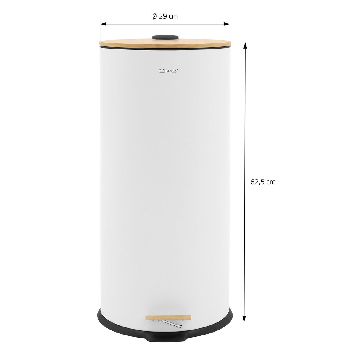 KOŠ NA ODPADKY 30 L s pedálem a bambusovým víkem, kulatý, bílý, z oceli - bílá, kov (29/62.5/37cm) - ML-DESIGN