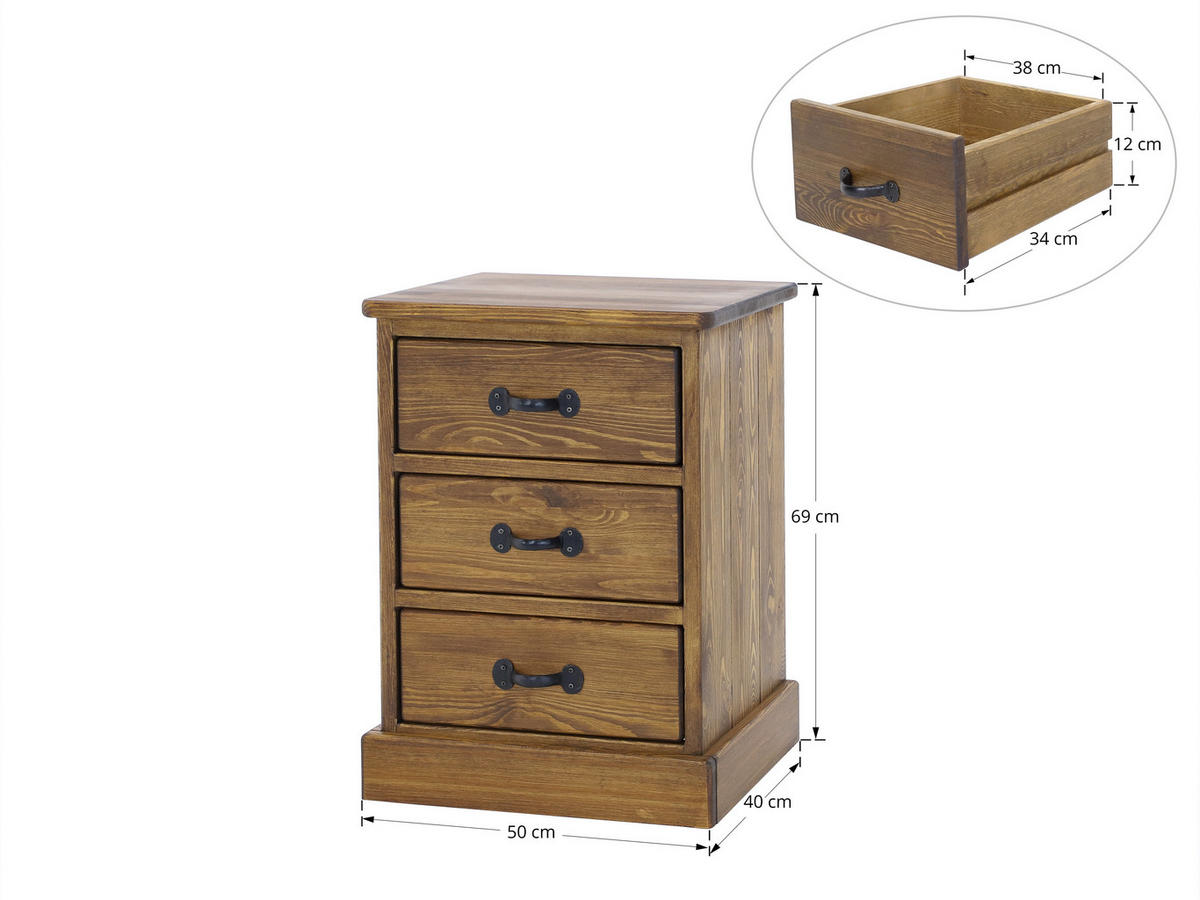 NACHTTISCH aus Massivholz Rustyk 3 - Dunkelbraun/Schwarz, Holz (50/69/40cm) - Seart