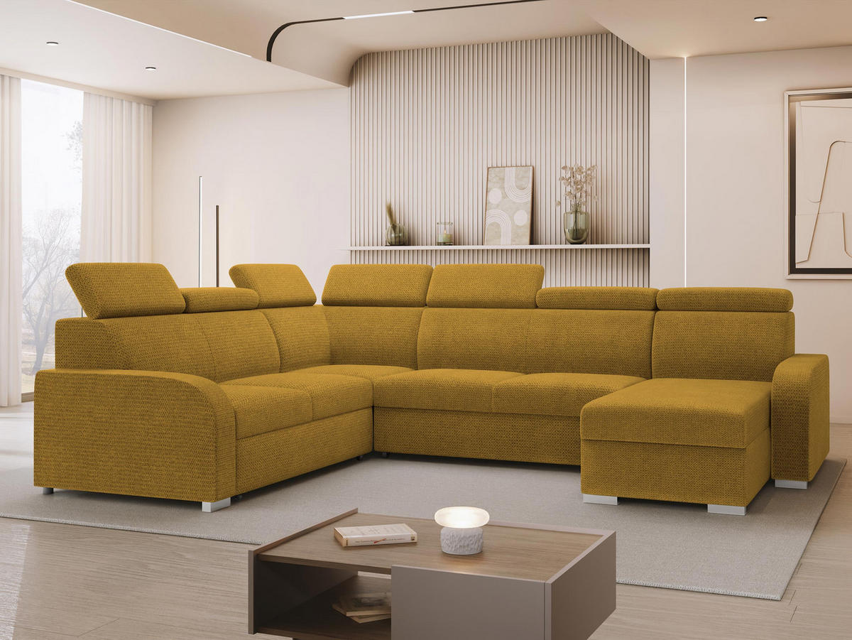 WOHNLANDSCHAFT Oslo 2rR2pLC - Gelb/Silberfarben, Holz/Kunststoff (315/85/250cm) - MIRJAN24