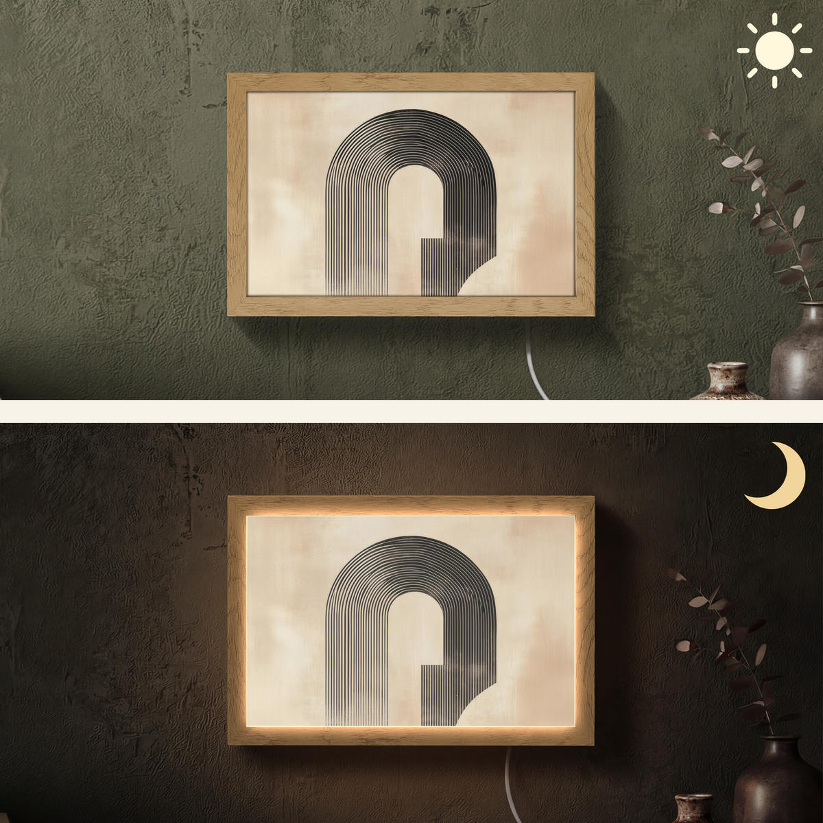 NÁSTĚNNÁ LAMPA Luk - Pruhy - Minimalistický - Černý 30x20 cm - béžová, kompozitní dřevo (30/20/8cm) - OnlyWow
