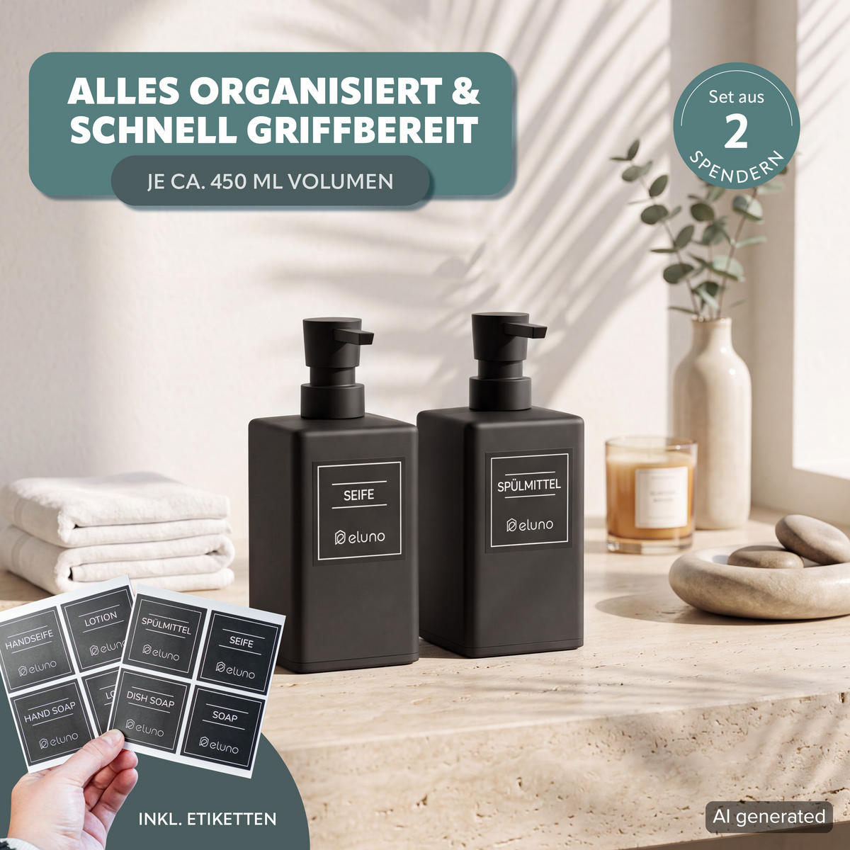 SEIFENSPENDER 2er Set, matt schwarz, Kunststoff - Schwarz, Kunststoff (7/17/8cm) - eluno