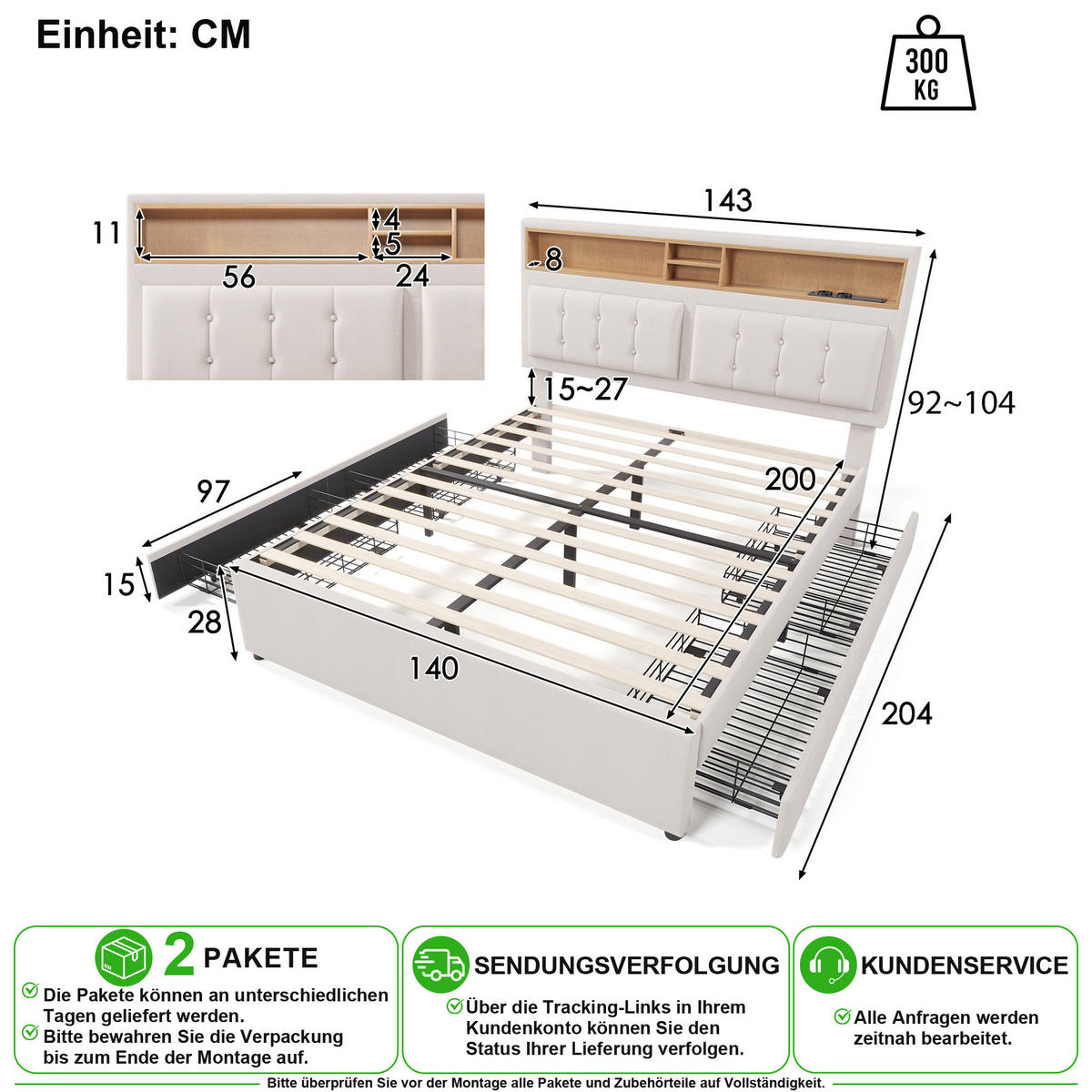 POLSTERBETT 140/200 cm in Beige Leinen mit 4 Schubladen, USB, Type-C und Steckdosen - Beige, Holzwerkstoff/Textil (140/200cm) - CHICFURN