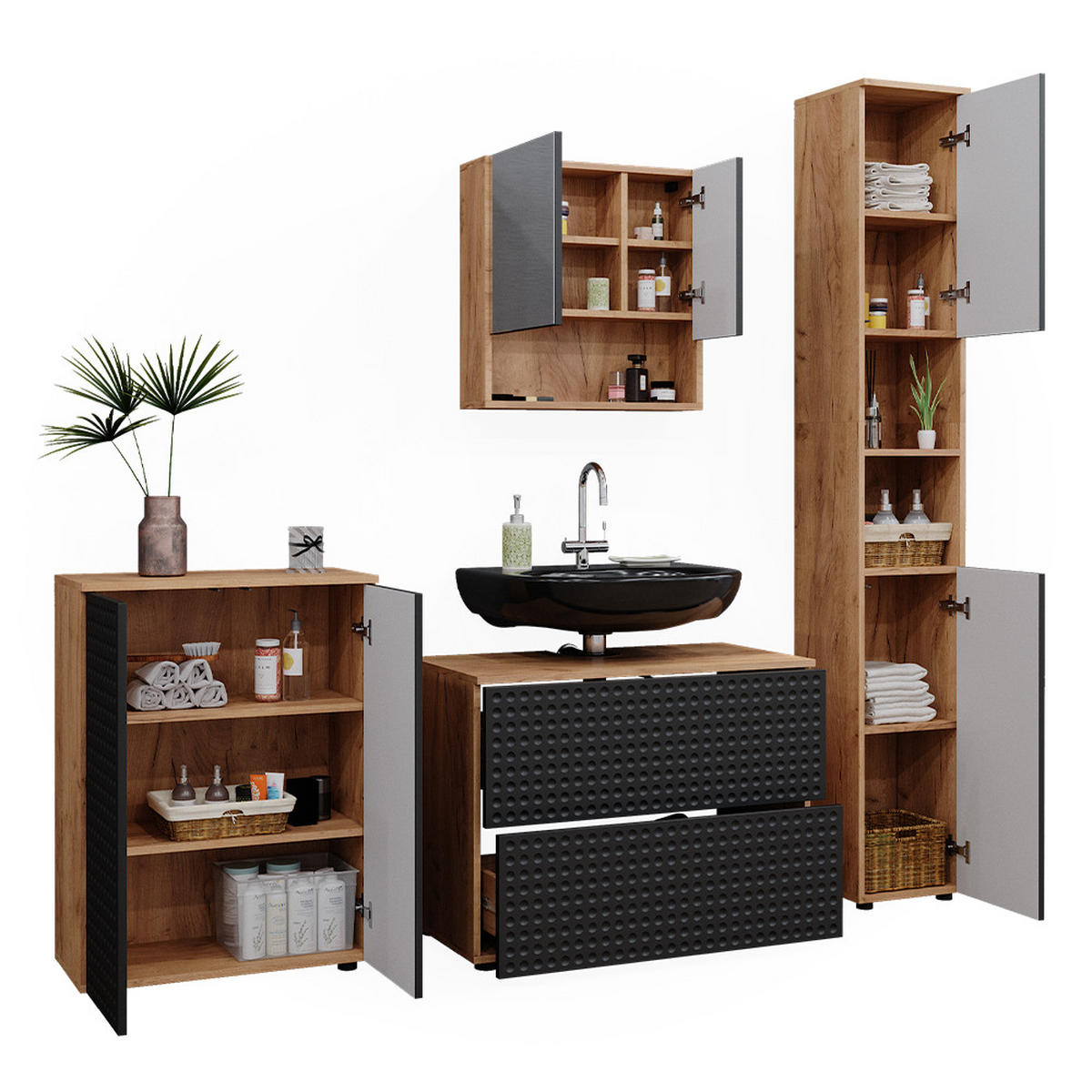 BADMÖBEL-SET Irma Anthrazit gepunktet 4 Teile - Anthrazit/Eiche Wotan, Holzwerkstoff (80/58/41cm) - Vicco