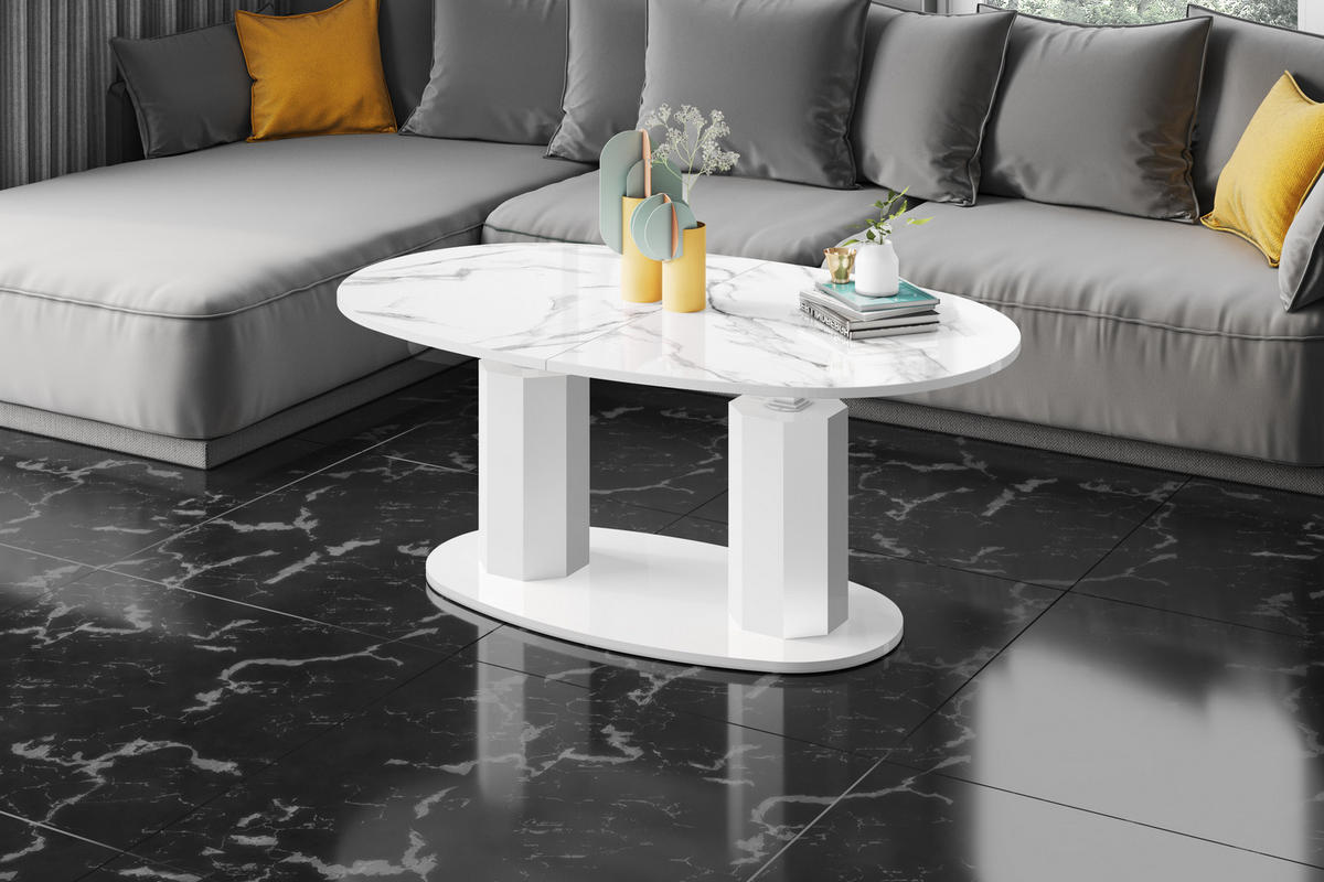COUCHTISCH Marmor Natur Weiß Hochglanz oval ausziehbar höhenverstellbar - Weiß Hochglanz/Naturfarben, Holzwerkstoff (80/130/54cm) - designimpex