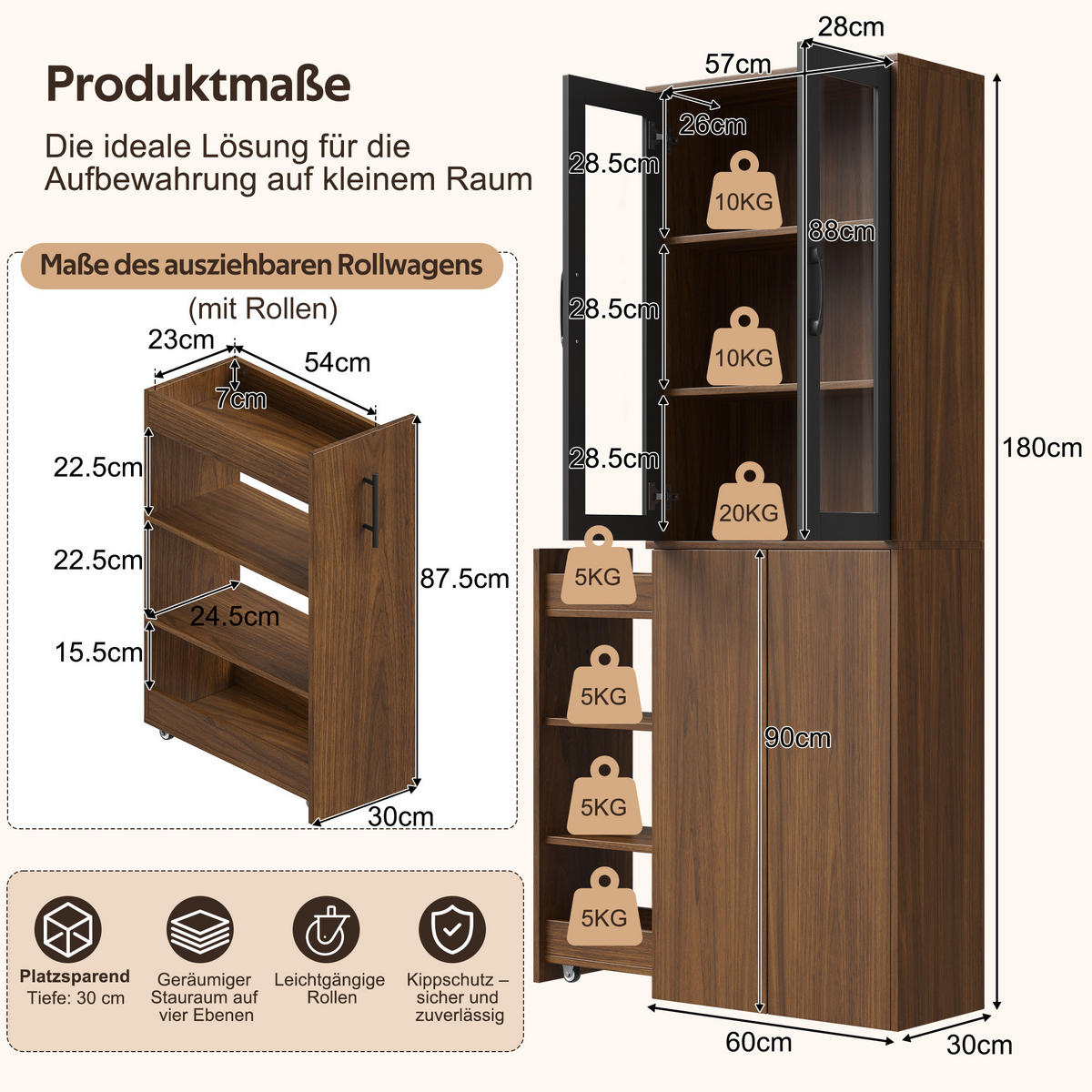 MEHRZWECKSCHRANK DE-38745 60/30/180 cm Glastüren und Ausziehwagen Holz/Schwarz - Braun, Holzwerkstoff (60/180/30cm) - ComfortXL