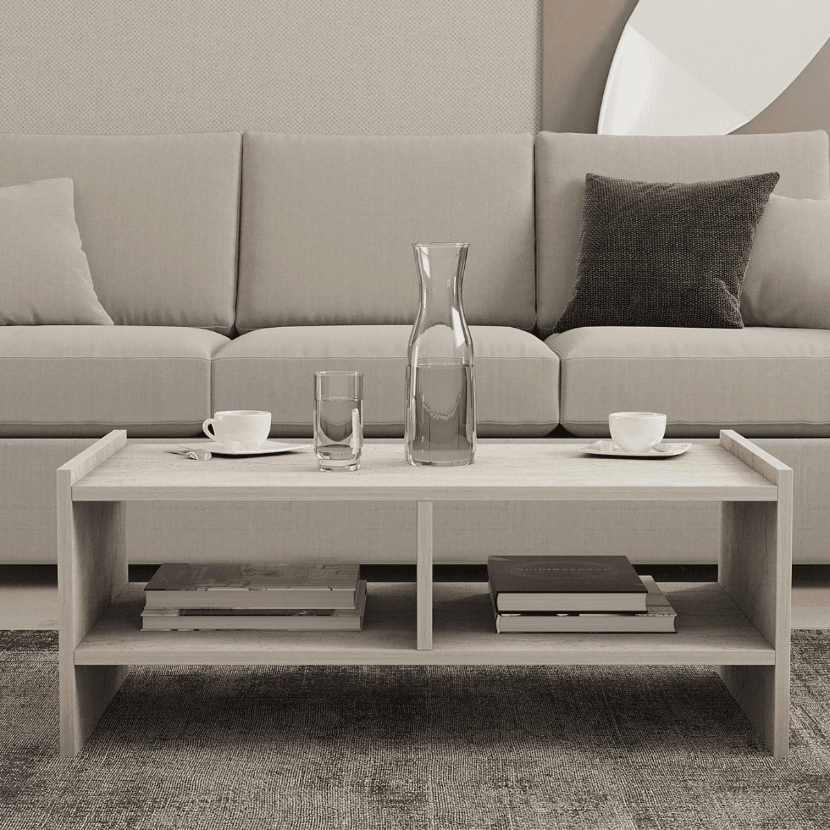 COUCHTISCH mit 2 offenen fächern, travertin-dekor - pera 90/50/35 cm - Beige, Holzwerkstoff (94/50/35cm) - Calicosy