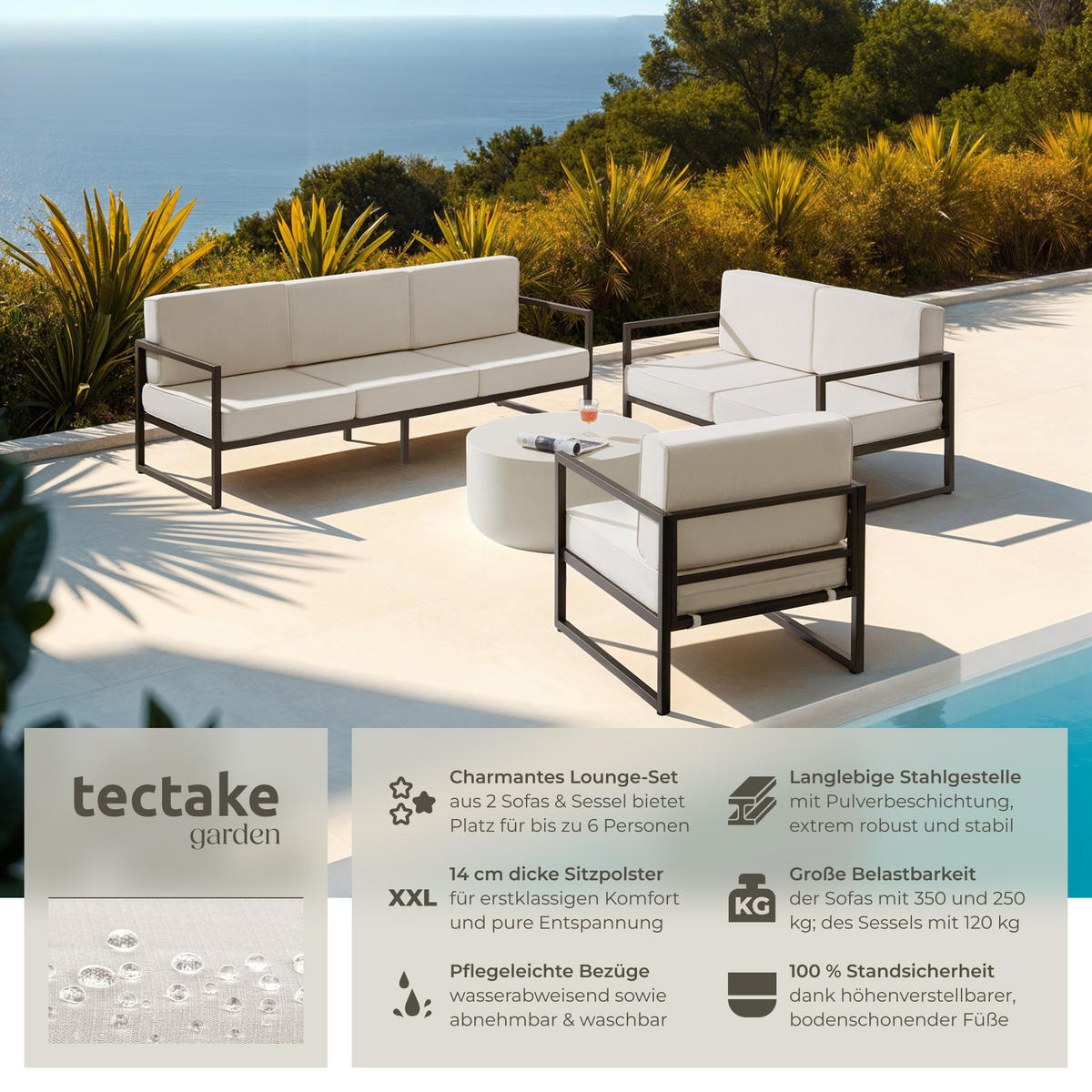 GARTEN-LOUNGESET Comosa,höhenverstellbare Füße,braun/beige - Beige/Braun, Kunststoff - tectake