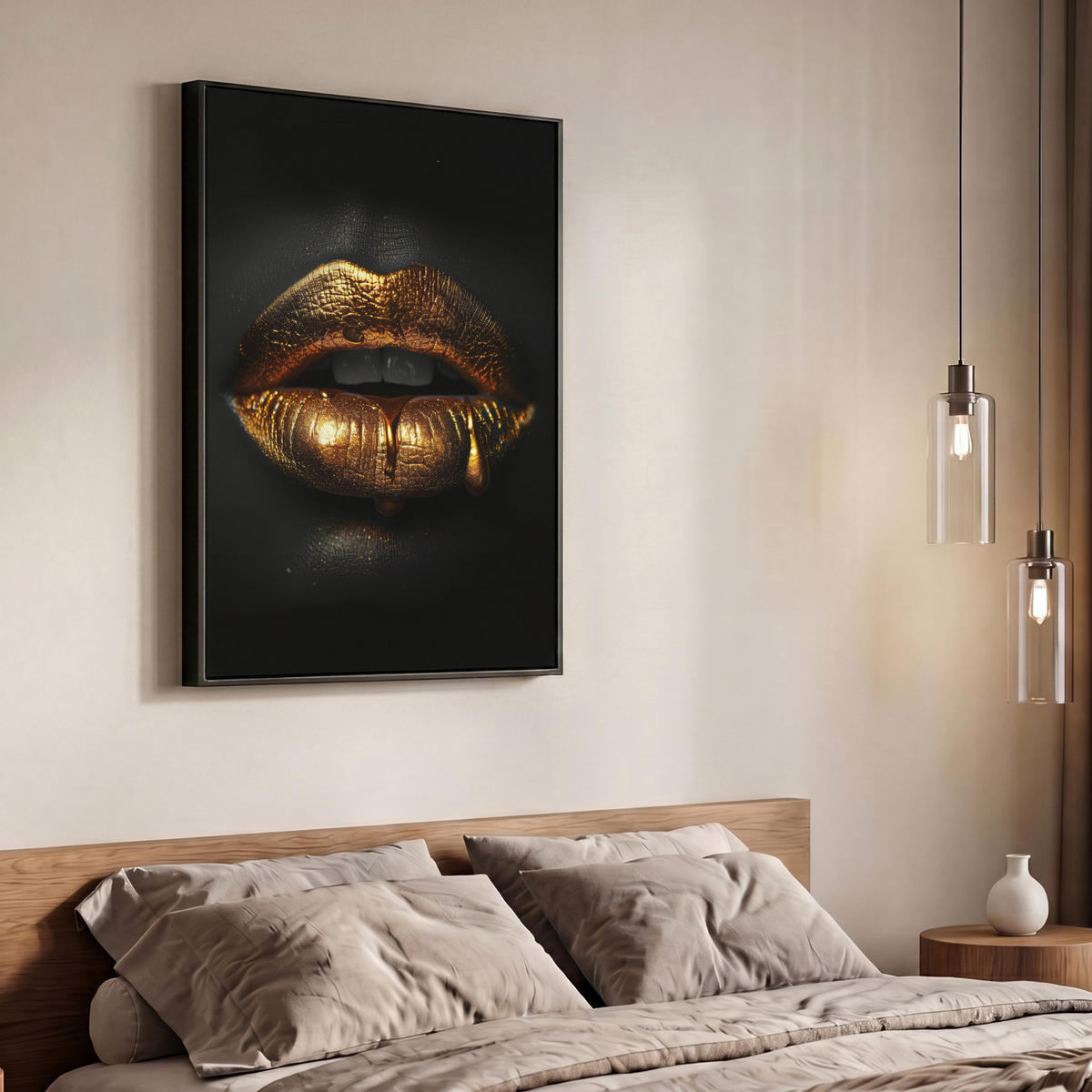 LEINWAND Bilder mit Rahmen - Frau - Porträt - Lippen - Gold - Schwarz - 70x100 - Schwarz, Textil (70/100cm) - MuchoWow