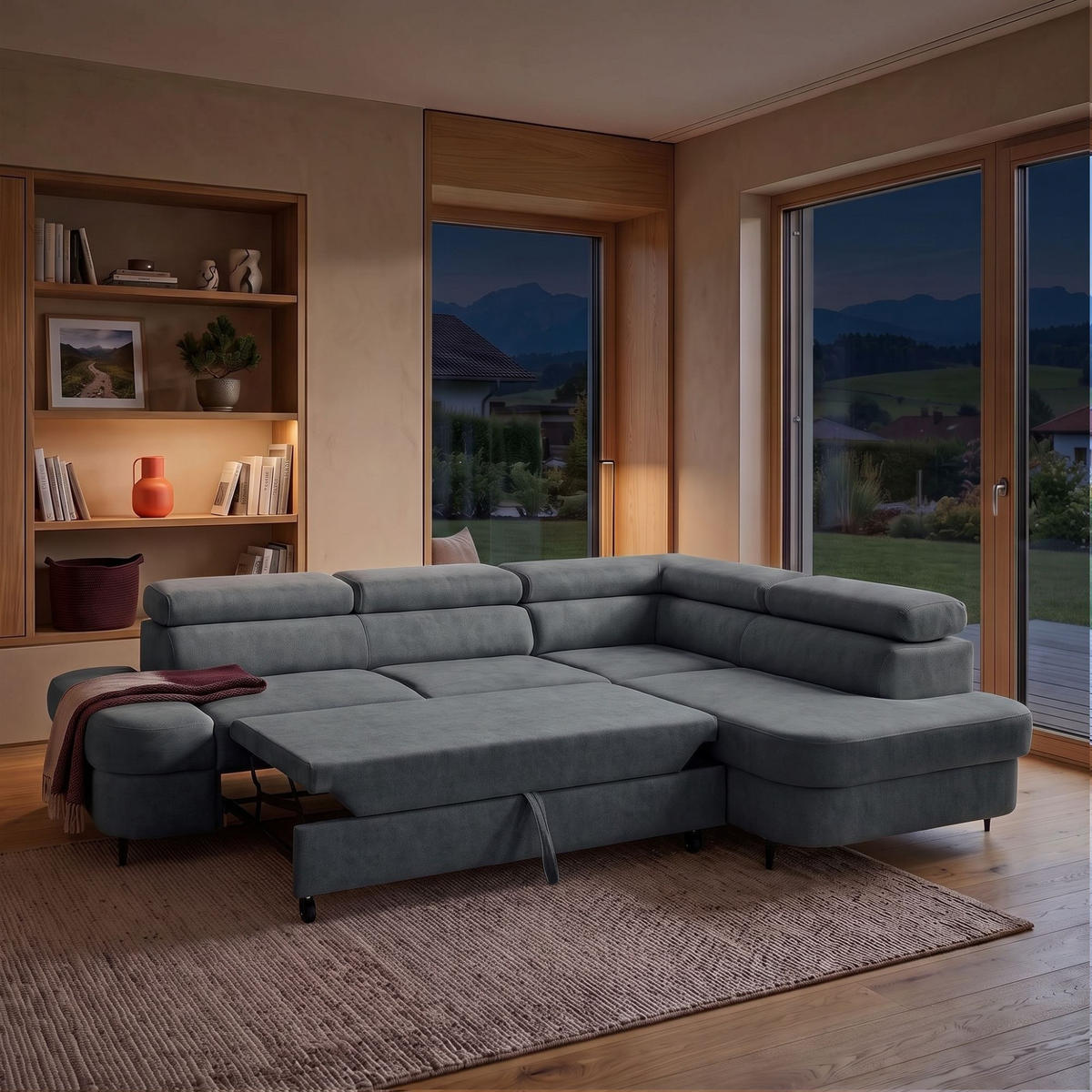 ECKSOFA PRIAM L Rechts mit Schlaffunktion 125x195 Velours Dunkelgrau - Dunkelgrau/Schwarz, Holz/Textil (203/275cm) - Muffo