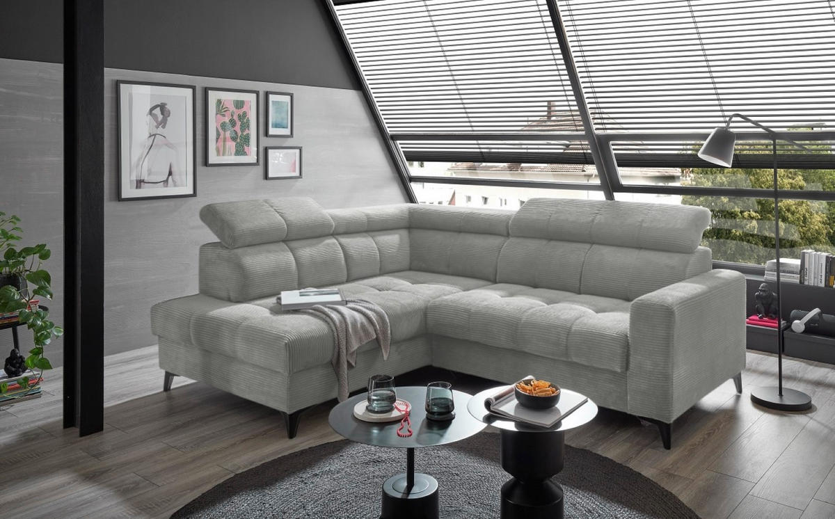 ECKSOFA mit elektronische Sitztiefenverstellung, USB-Anschluss und stilvollem Breitcord-Bezug - Silberfarben, Textil (243/200cm) - ed exciting design