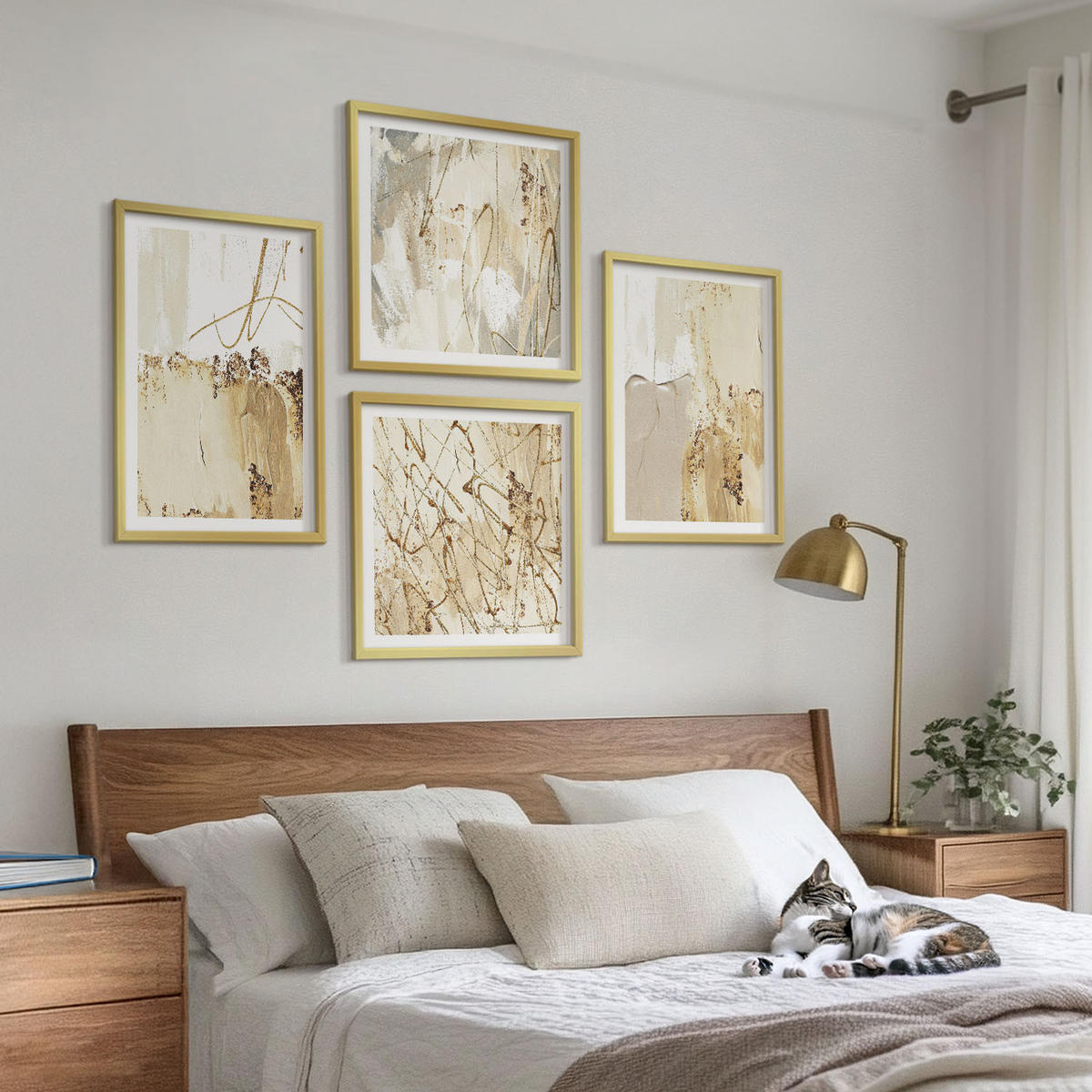 BILDER SET 4er Set - 50x50 cm & 40x60 cm Goldrahmen - Abstrakte Muster beige weiß - Goldfarben, Kunststoff (50/50cm) - TULUP