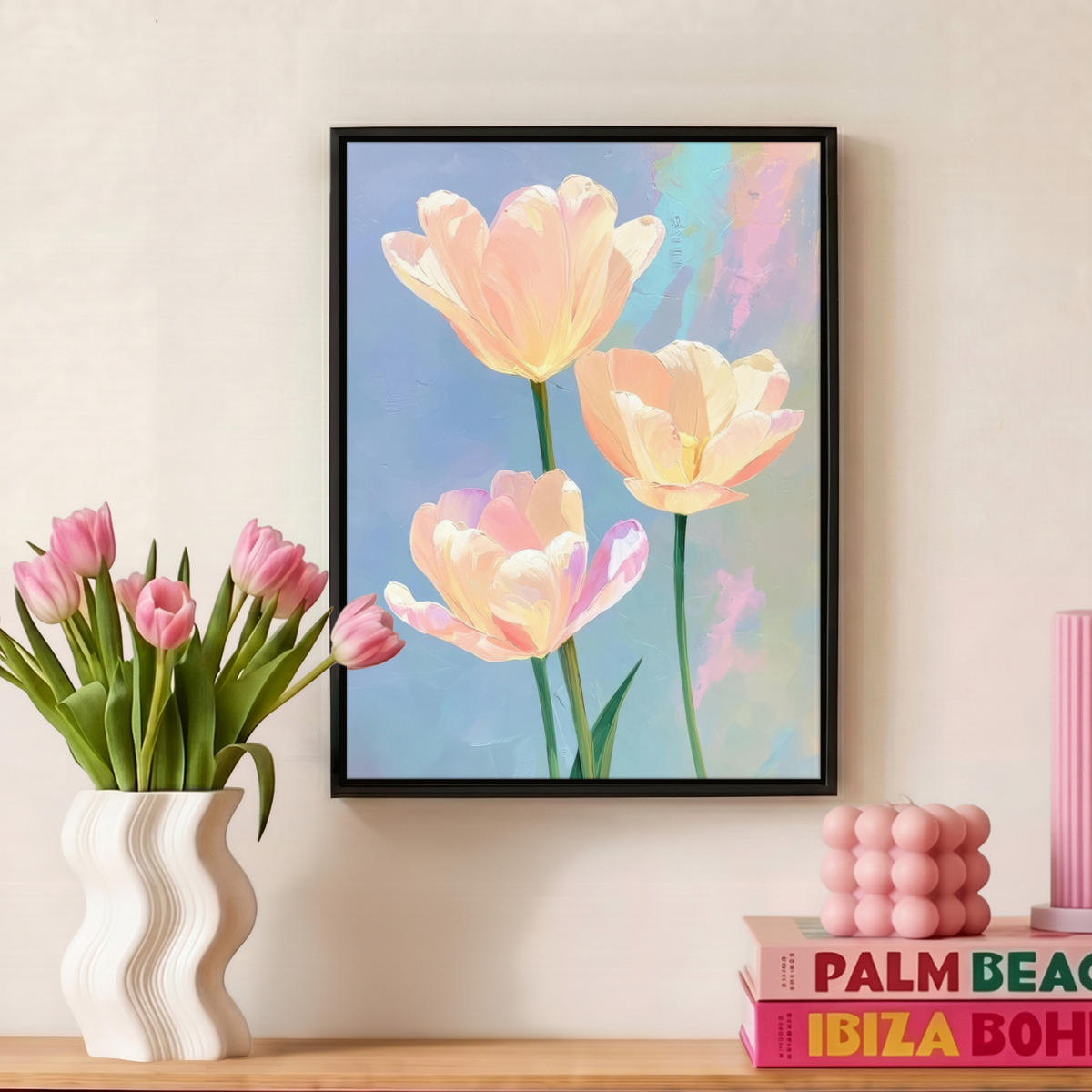 LEINWAND Bilder mit Rahmen - Tulpen - Rosa Akzente - Blau - 30x40 - Pastellblau, Textil (30/40cm) - MuchoWow