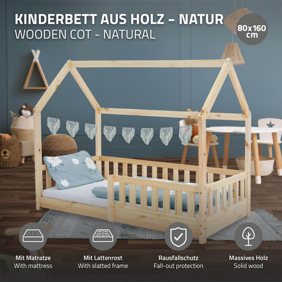 KINDERBETT mit Dach und Matratze 80x160 cm Natur - Naturfarben, Holz (88/132/165cm) - ML-DESIGN