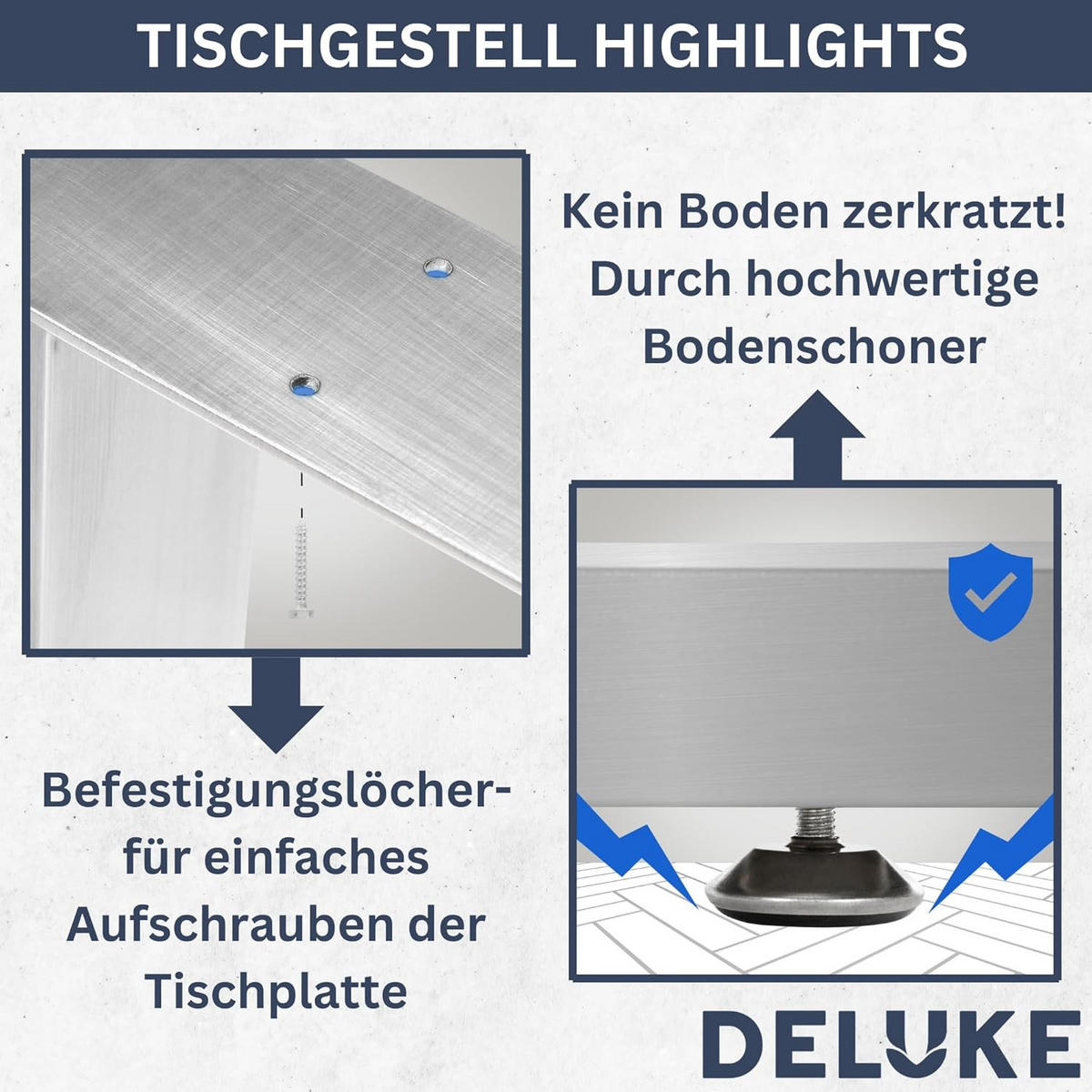 TISCHBEINE Metall CERMO Silber | 72x90cm HxB | 2er Set | inkl. Schrauben + Bodenschoner - Silberfarben, Metall (90/72/8cm) - DELUKE