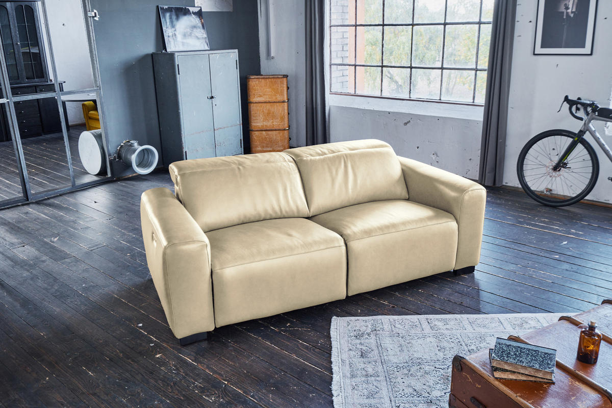 SOFA FINN Cremeweiß Leder - Creme/Schwarz, Leder/Kunststoff (210/80/107cm) - KAWOLA