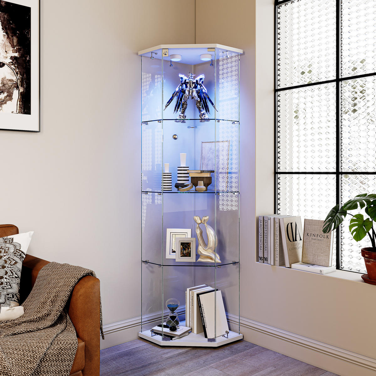 ECKSCHRANK 5-Eck, 1 Tür, 4 Ebenen, LED, weißer Sockel - Weiß, Glas (42.5/162/60cm) - SHOPENTRA