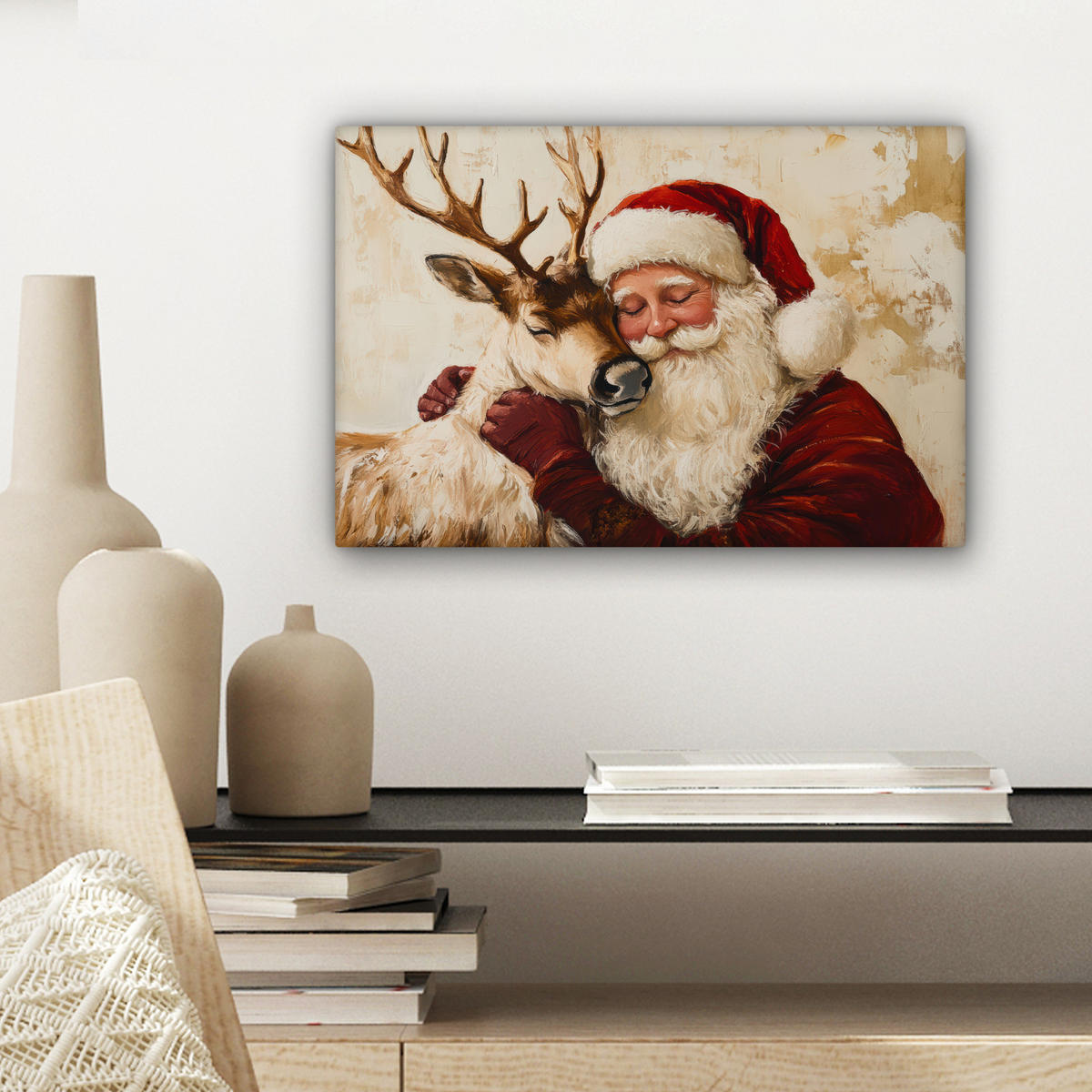 LEINWANDBILD Weihnachtsmann - Rentier - Weihnachten Deko Schlafzimmer 30x20 cm - Rotbraun, Textil (30/20cm) - MuchoWow