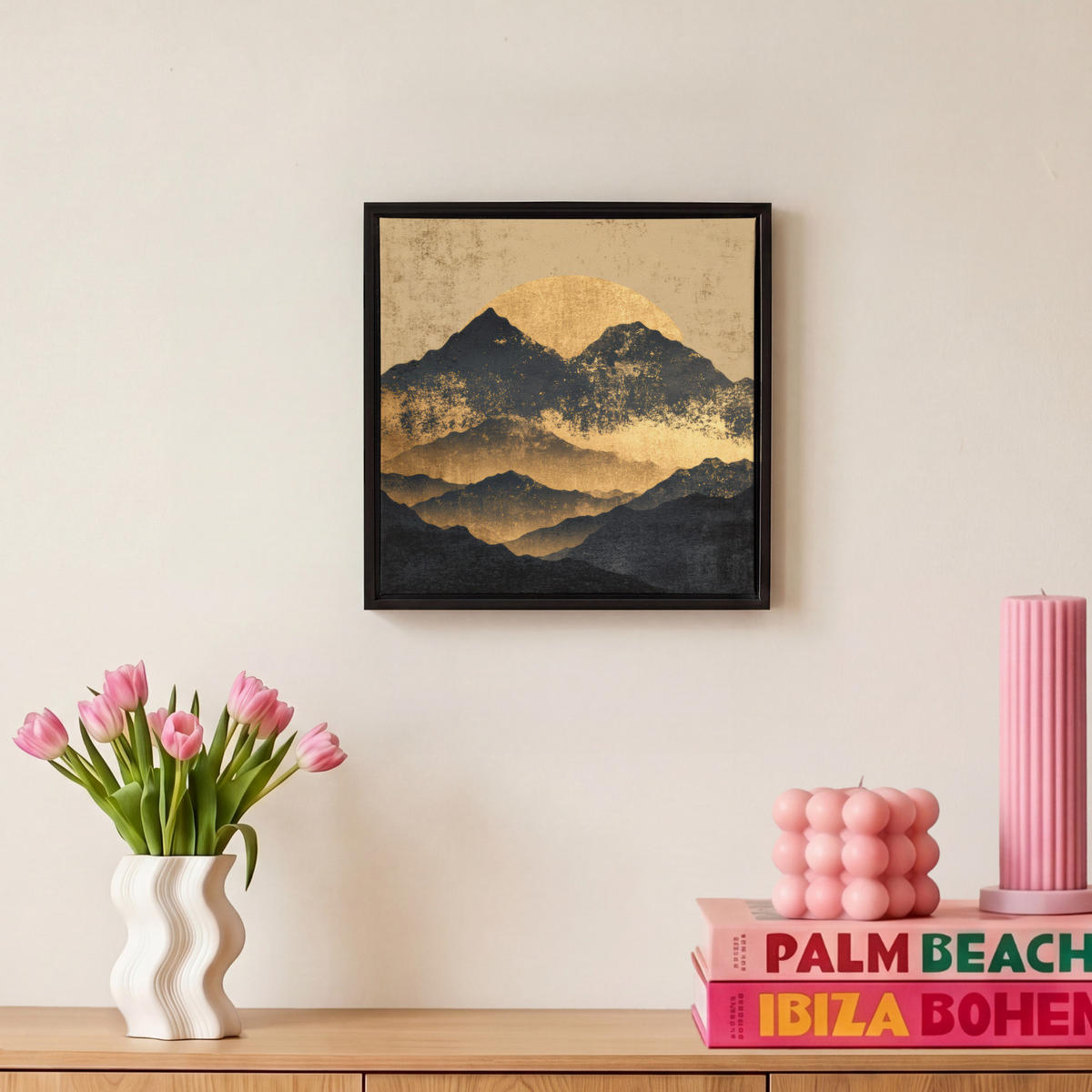 LEINWAND Bilder mit Rahmen - Goldene Berge bei Mondschein - 20x20 - Goldfarben, Textil (20/20cm) - MuchoWow