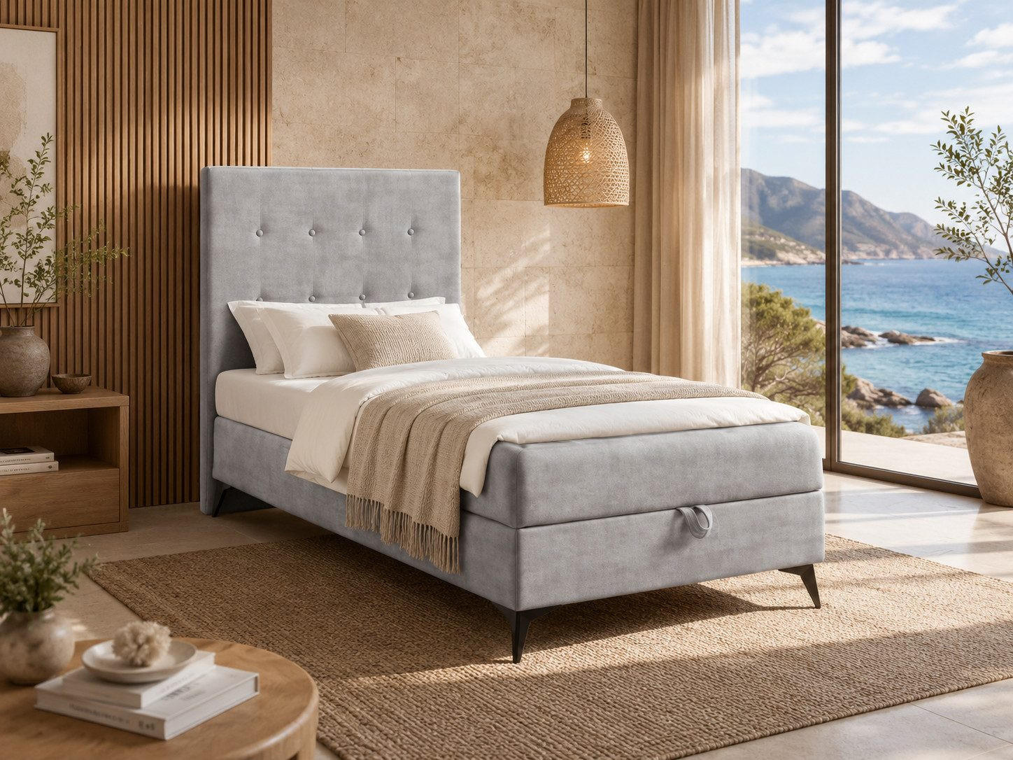 BOXBETT K15 Single SLIM mit Bettkasten & Bonell-Federkern inkl. Topper - Hellgrau, Holz/Textil (200/90cm) - Best For Home