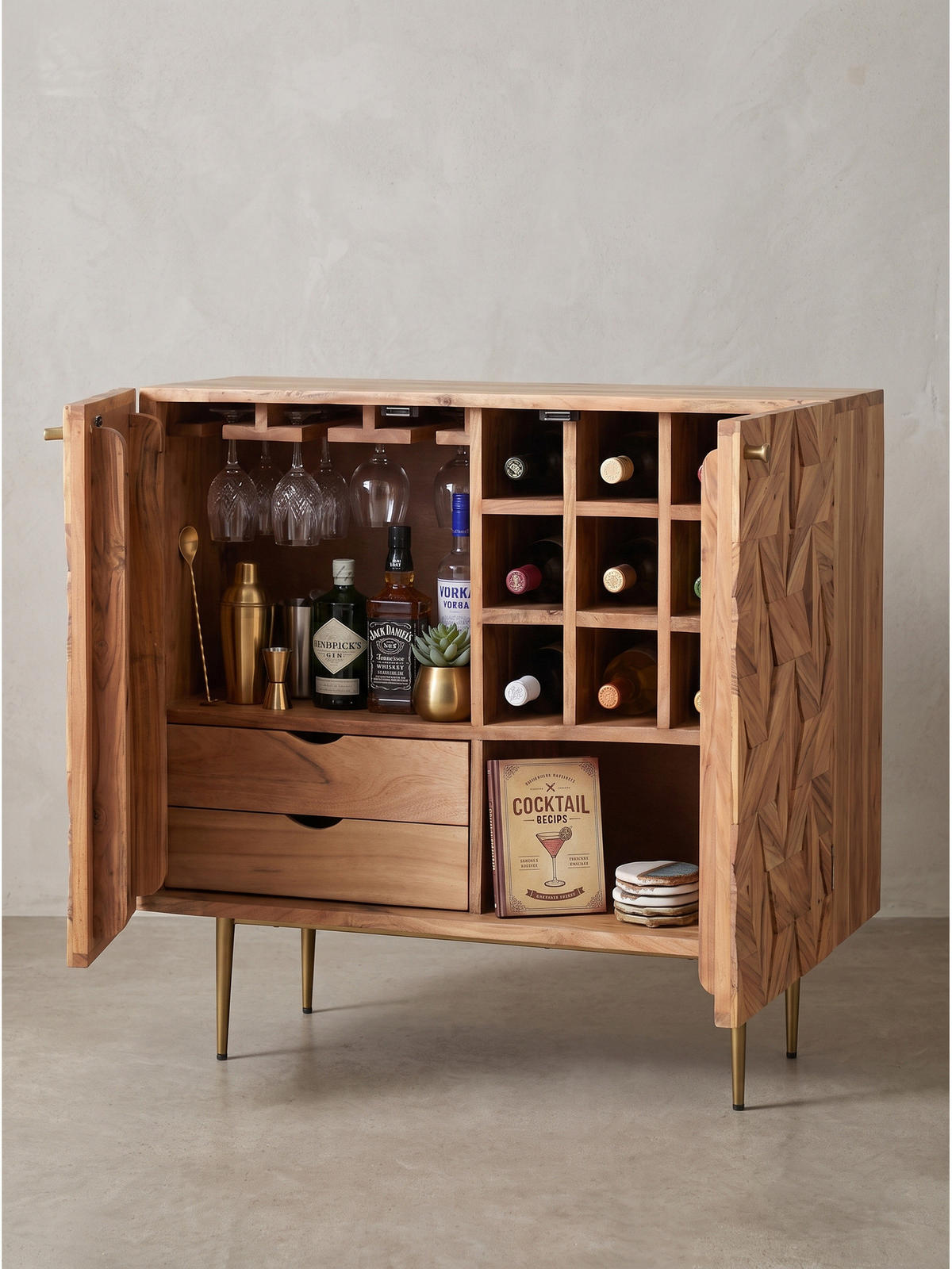 HAUSBAR MERTOLA, Akazie Massivholz, mit Holzstruktur, 90 x 45 x 78 cm - Goldfarben/Akaziefarben, Holz/Metall (90/78/45cm) - KADIMA DESIGN