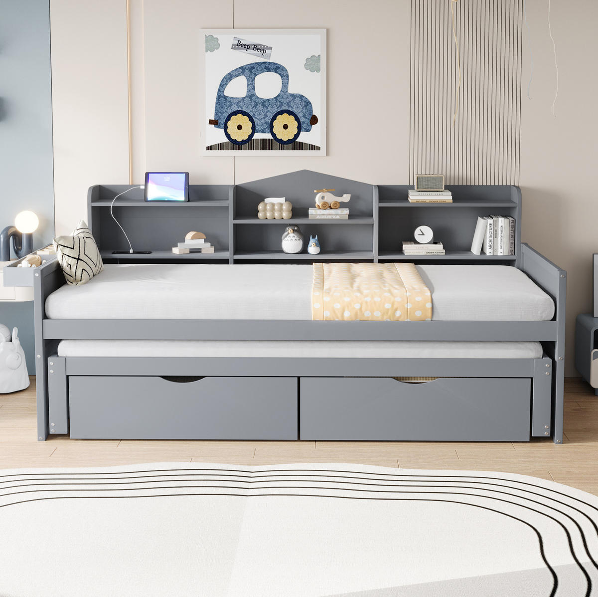 SCHLAFSOFA 90/200 cm mit Ausziehbett, USB-Steckdose und Stauraum aus Holz, Grau - Grau, Holz (204.6/100/110cm) - Redom
