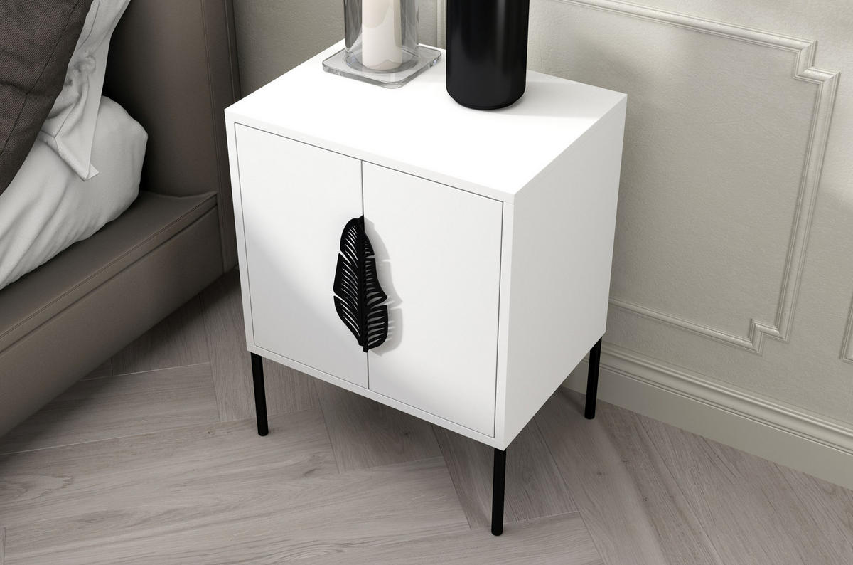 NACHTTISCH Merlin, Weiß, Schwarze Details - Schwarz/Weiß, Holzwerkstoff/Metall (54/69/40cm) - Skandica