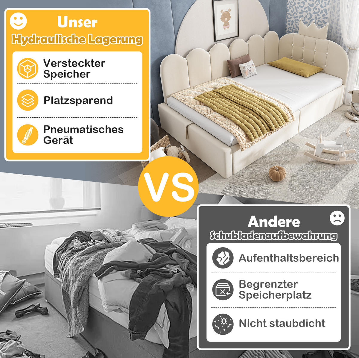 KINDERBETT Polsterbett 90/200 cm aus Samt mit Stauraum und Kronen-Gitter-Design Beige - Beige, Textil (90/200cm) - Modenvie