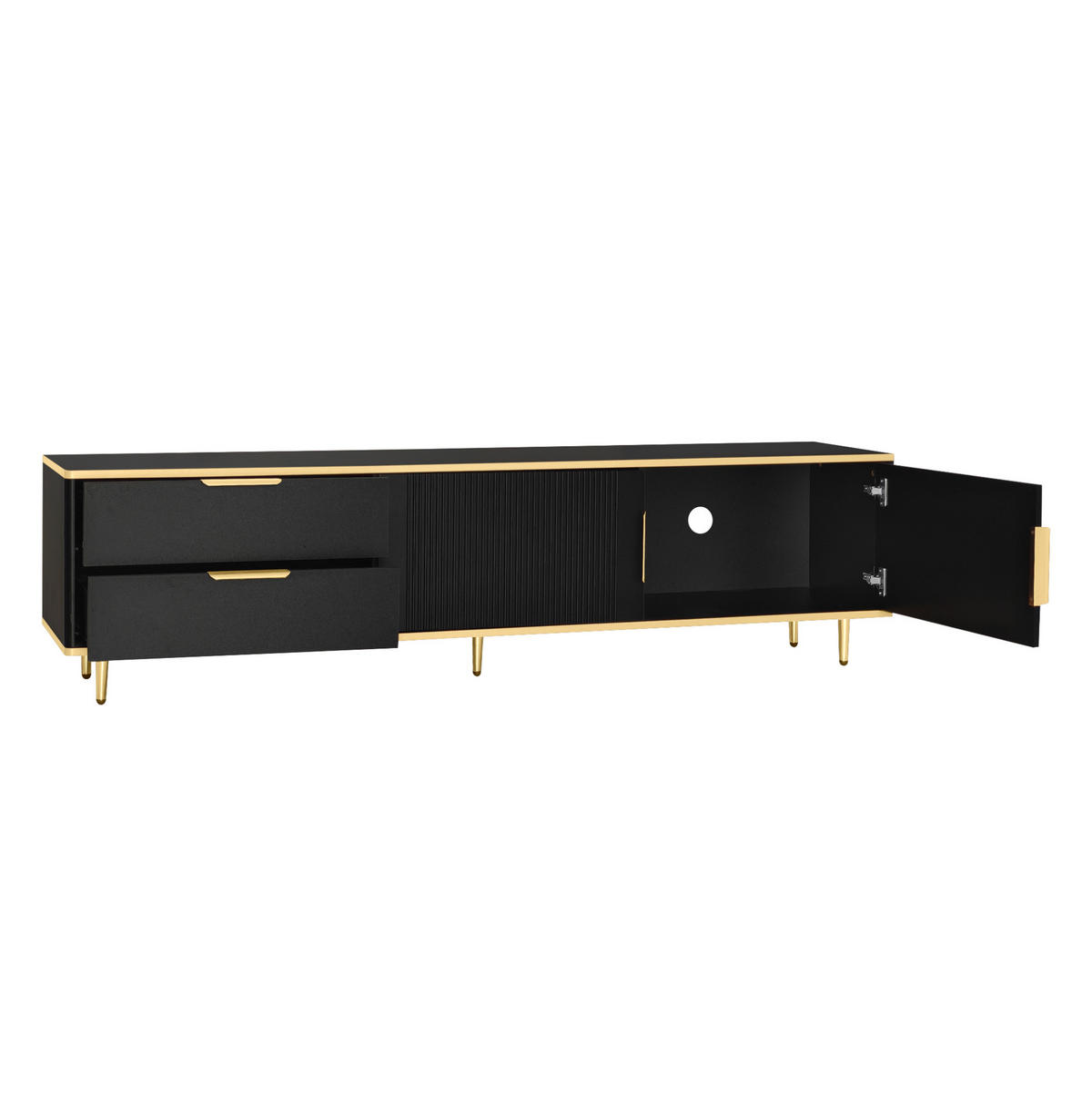 TV omarica 170/45/37 cm z 2 predaloma, 2 vrati in izrezljanimi frontami iz MDF in ivernih plošč, Črna in zlata - črna, leseni material (170/45/37cm) - Redom