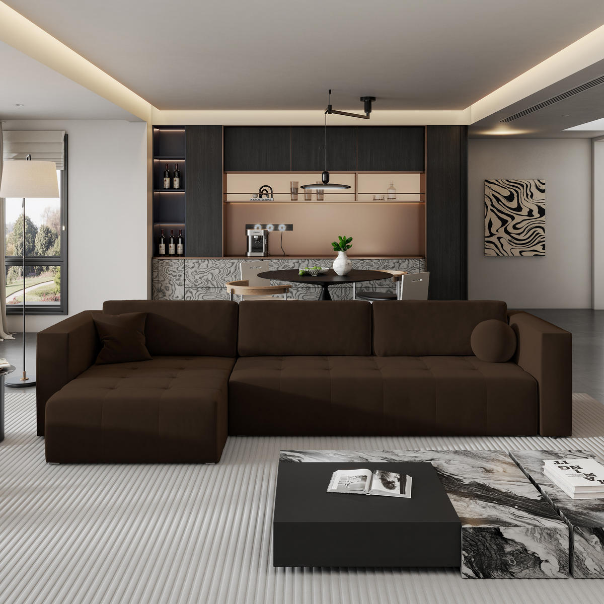 ECKSOFA OLVERA Braun Plüsch-Stoff mit Schlaffunktion - Braun, Holz (347/148cm) - MASSENO