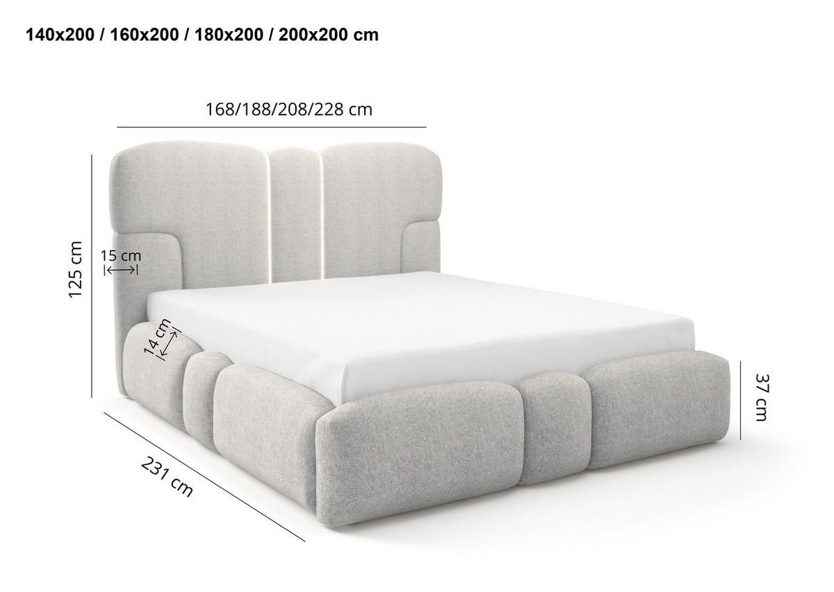 POLSTERBETT 180x200 Safron mit LED, Metall-Lattenrost, Hellgrau - Hellgrau, Holz/Textil (180/200cm) - Emporius