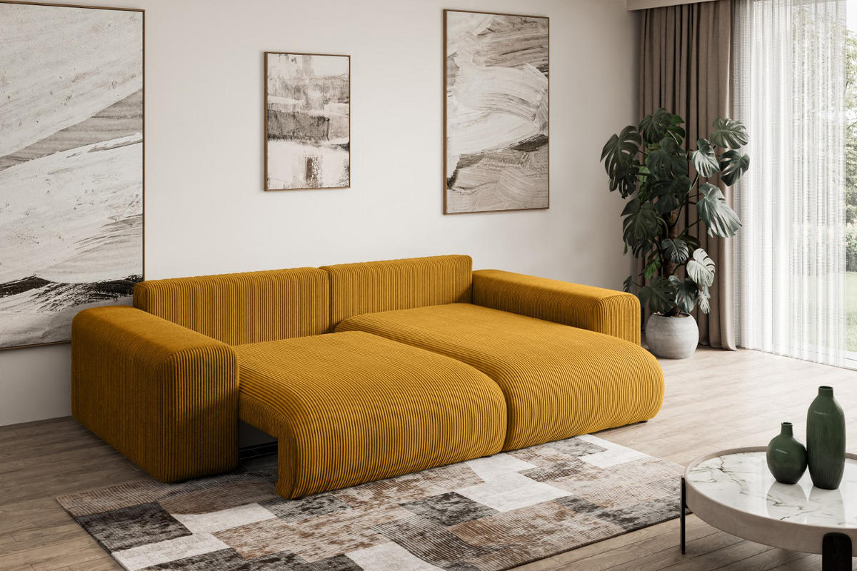 ECKSOFA Ottomane rechts ESKAR-L 266x176x84 Currygelb Cord - Currygelb/Schwarz, Holzwerkstoff/Kunststoff (176/266cm) - ALTDECOR