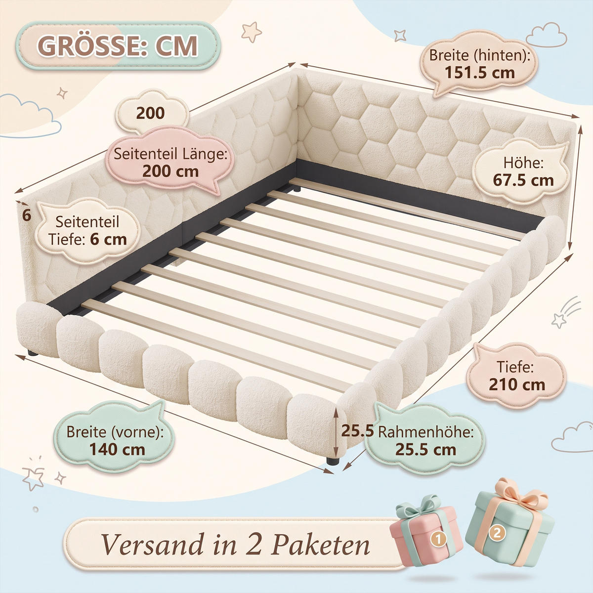 POLSTERBETT 140x200 mit USB und LED, Doppelbett 140x200 cm mit Lattenrost, Jugendbett, Samt, Weiß - Weiß, Holz/Textil (140/200cm) - GENKI LIVING