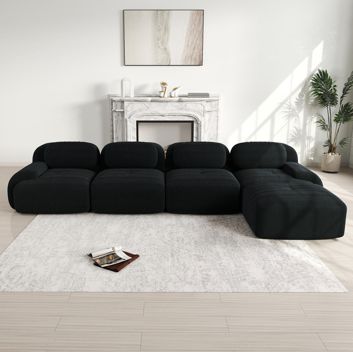 SOFA modular mit Chaiselongue Cord Black 4-Sitzer - Schwarz, Kunststoff (178/388cm) - Meubliv