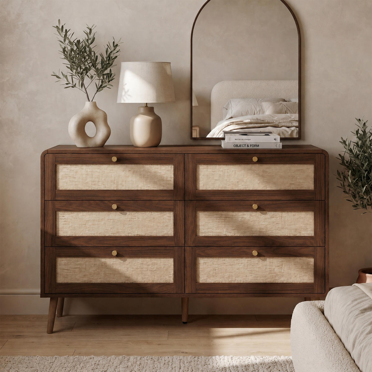 KOMMODE 120cm Walnuss mit 6 Schubladen und Rattan - Walnussfarben, Holzwerkstoff (120/80/40cm) - FLIEKS