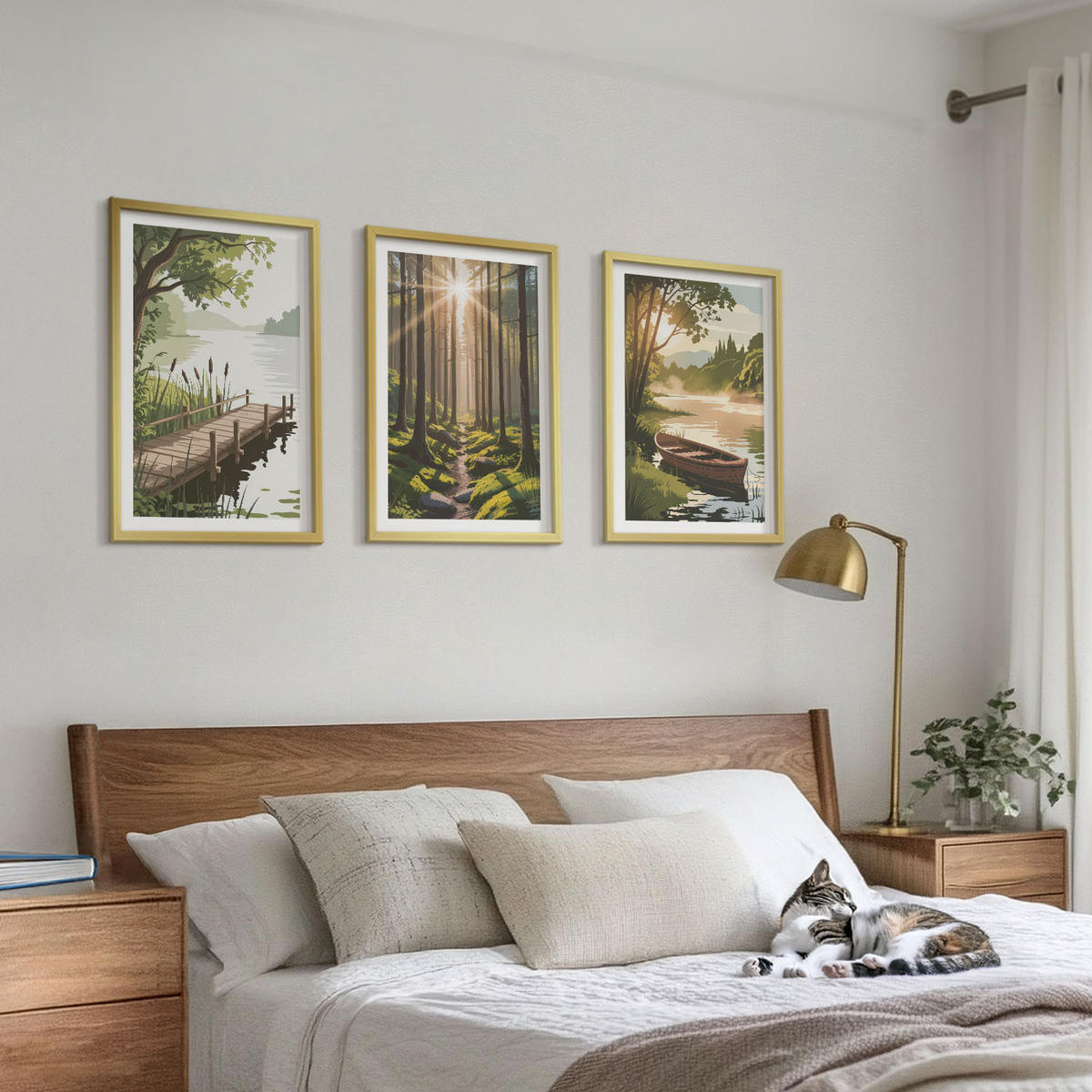 WANDBILDER 3er Set - 40x60 cm Goldrahmen - Landschaft aus Wald, See und Boot - Goldfarben, Kunststoff (40/60cm) - ArtPrintCave