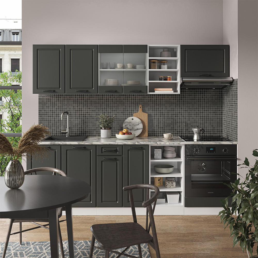 KÜCHENZEILE R-Line Anthrazit Landhaus/Weiß 240 cm ohne AP - Dunkelgrau/Weiß, Holzwerkstoff (240/81.6/46cm) - Vicco