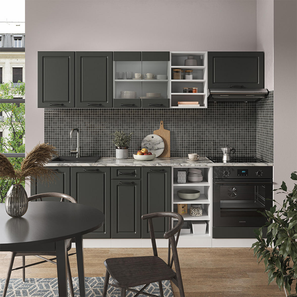 KÜCHENZEILE R-Line Anthrazit Landhaus/Weiß 240 cm ohne AP - Dunkelgrau/Weiß, Holzwerkstoff (240/81.6/46cm) - Vicco