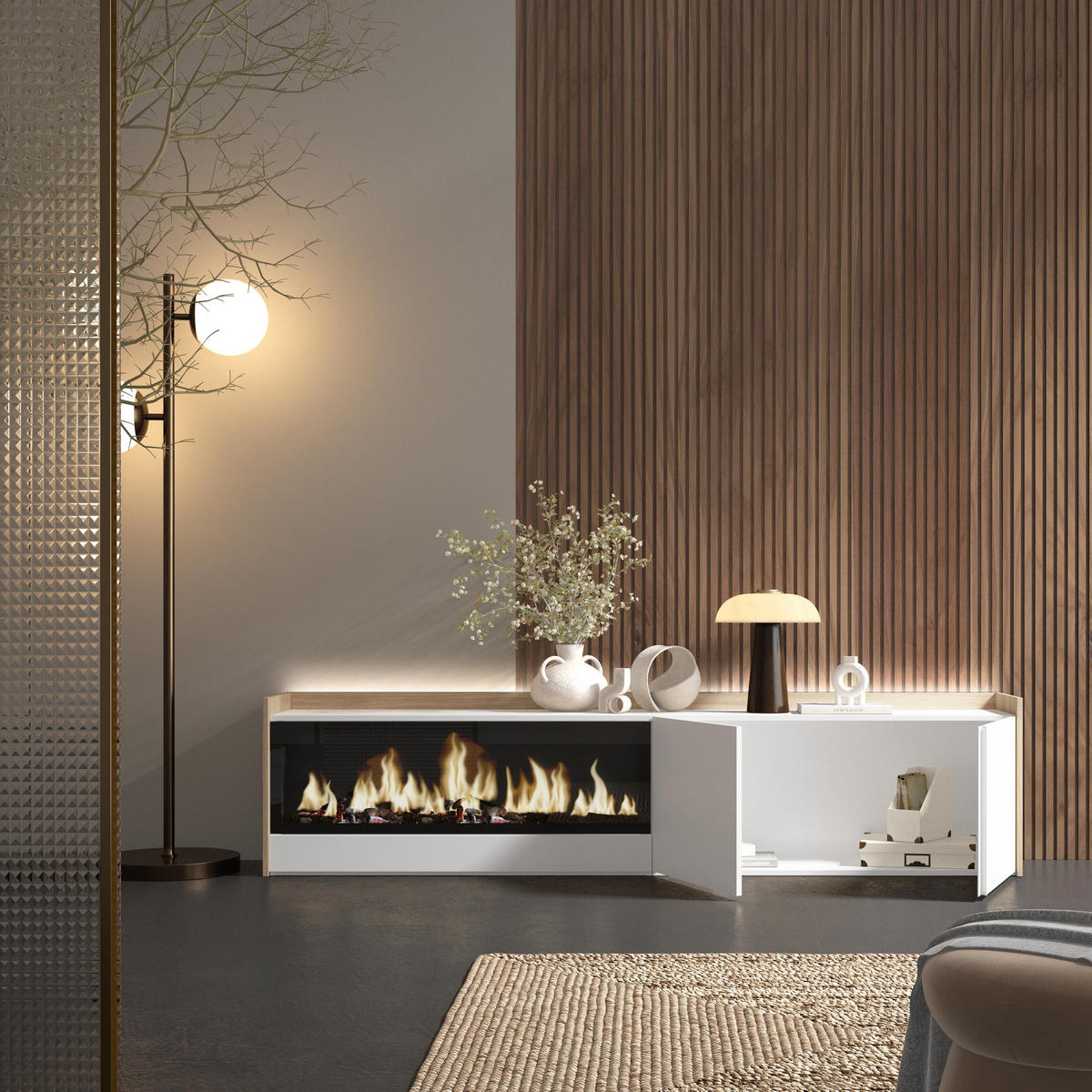 LOWBOARD, Weiß und Eiche, 212/35/50cm, Kamin mit Feuereffekt XXL - Weiß, Holzwerkstoff (212/50/35cm) - Skraut Home