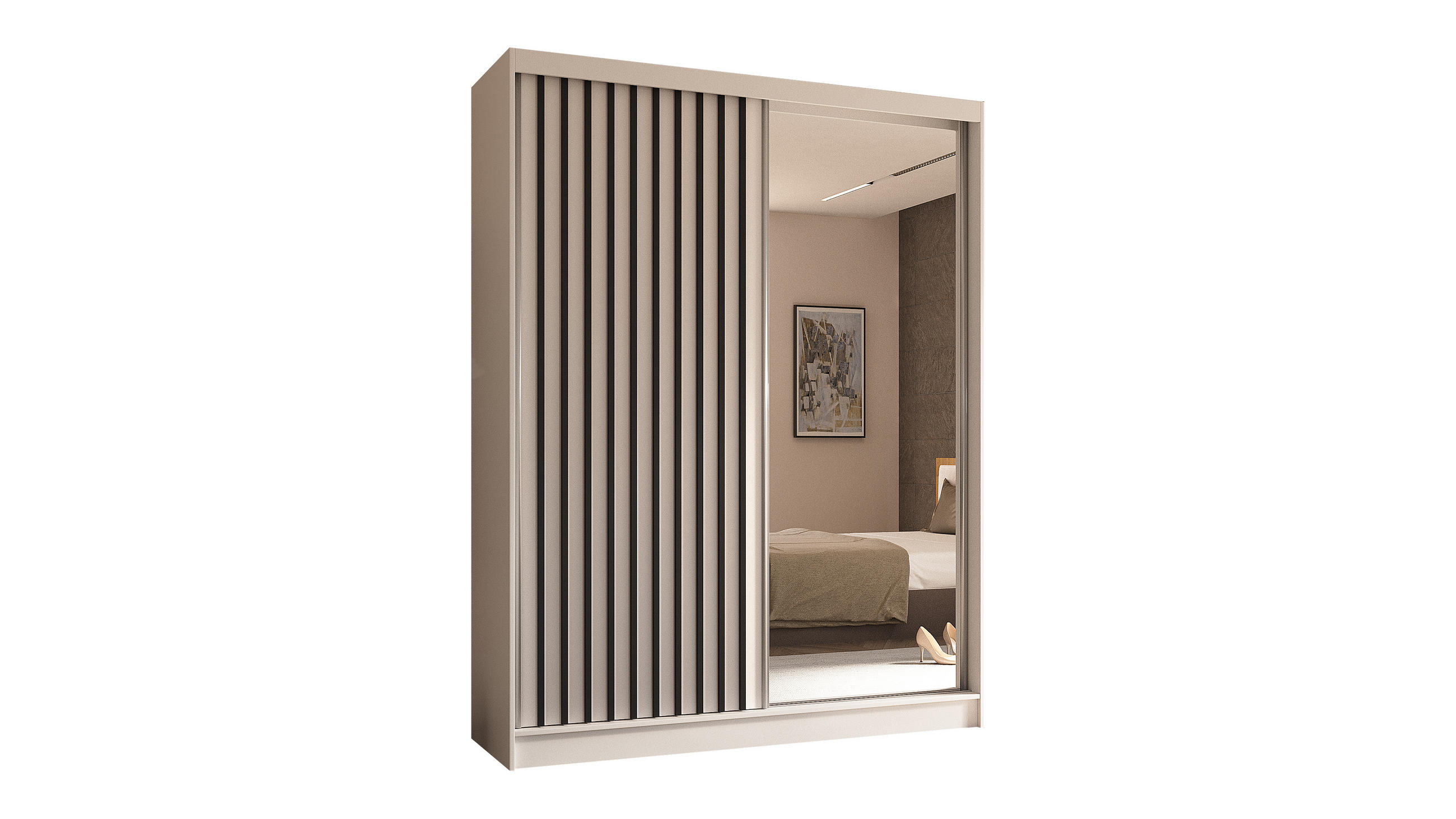 KLEIDERSCHRANK mit Spiegel-Schiebetüren und Aluminium-Leisten - LAMELO - 160 cm Weiß+Weiß+Schwarz - Schwarz/Weiß, Holzwerkstoff (160/216/61cm) - ALTDECOR