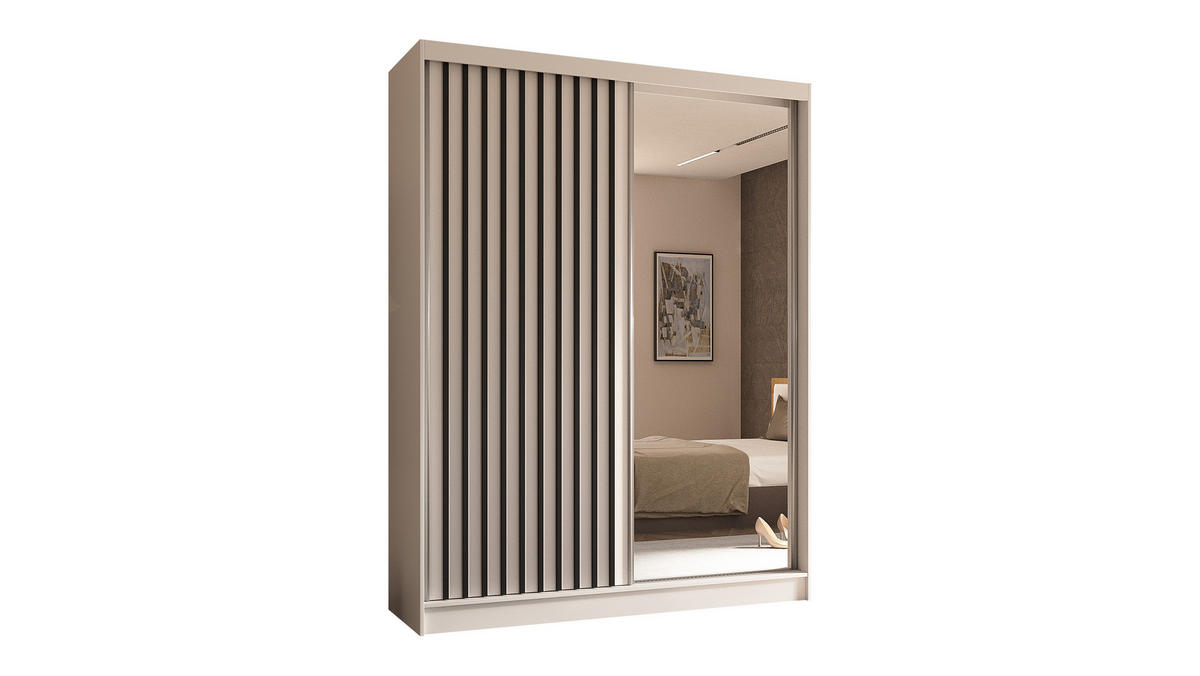 KLEIDERSCHRANK mit Spiegel-Schiebetüren und Aluminium-Leisten - LAMELO - 160 cm Weiß+Weiß+Schwarz - Schwarz/Weiß, Holzwerkstoff (160/216/61cm) - ALTDECOR