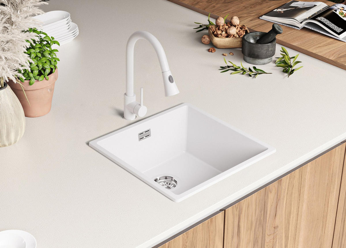 SPÜLBECKEN London Slim, 2-er set Alles Weiß 46/47 cm 1 Becken + Ablauf-Set ab 50er Unterschrank - Weiß, Kunststoff (46/20/47cm) - Primagran