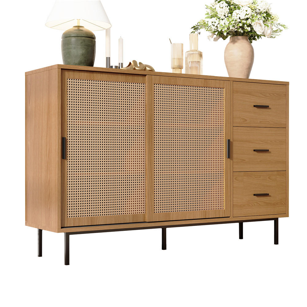 SIDEBOARD 140x91x37 cm Buffetschrank Schiebetüren 3 Schubladen - Naturfarben, Holz (140/91/37cm) - Kaket
