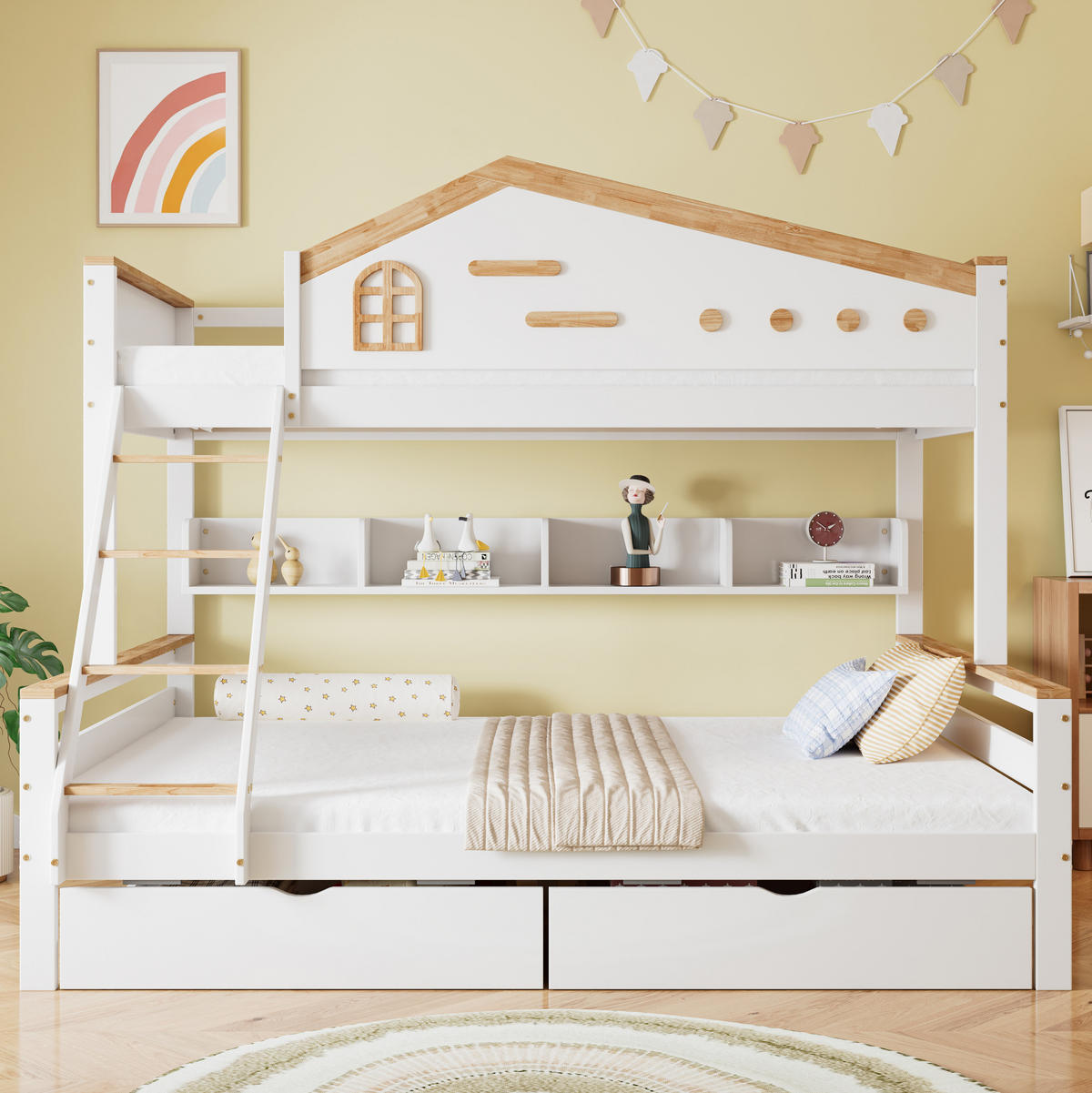 ETAGENBETT 90/200 cm und 140/200 cm Weiß+Natur mit zwei Schubladen und Sicherheitsgitter - Weiß, Holzwerkstoff (90/200cm) - OKWISH