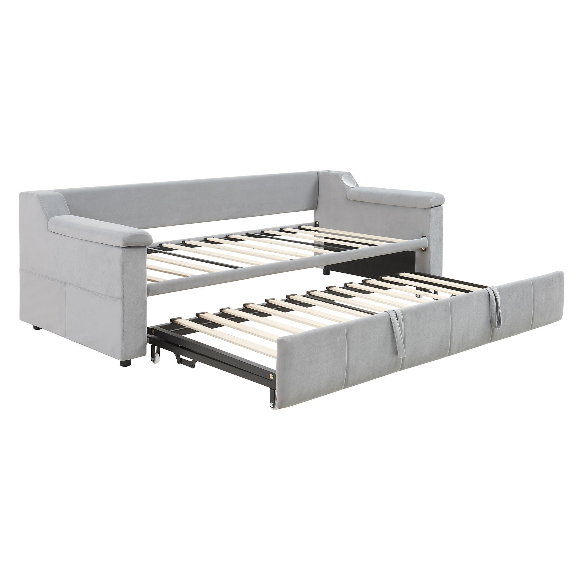 AUSZIEHBETT 90/180/190 cm DE-02015, in Hellgrau, mit Bluetooth-Stereo und Ablagefächern - Hellgrau, Metall (90/190cm) - ComfortXL