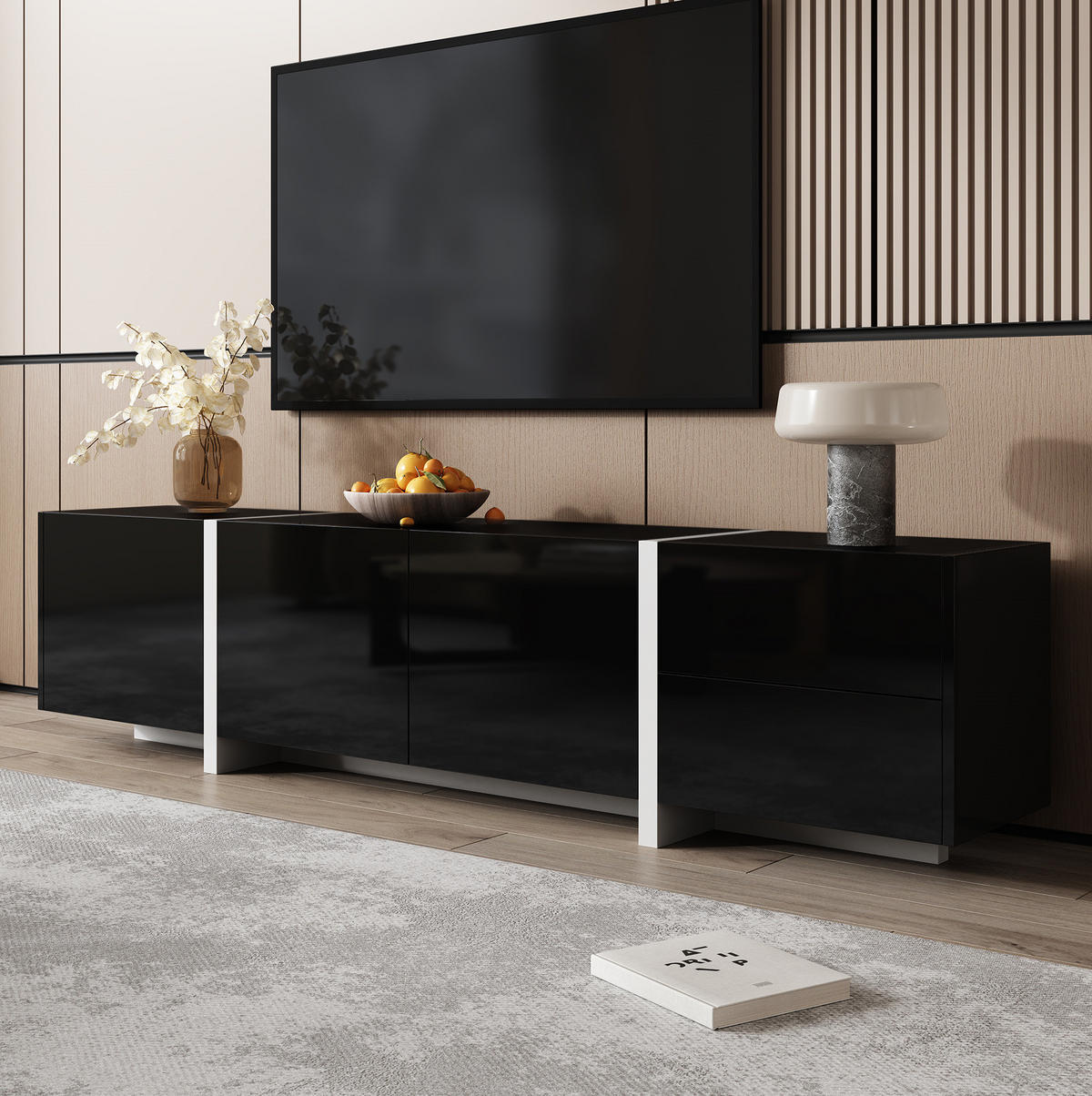 TV-SCHRANK in Schwarz/Weiß Hochglanz mit 3 Türen und Schublade 170/30/39 cm - Schwarz, Holzwerkstoff (170/39/30cm) - Redom