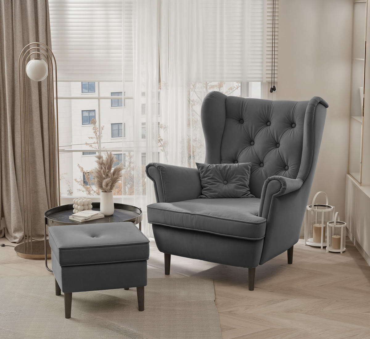 OHRENSESSEL SCANDI mit hocker, 75/60/103 cm, Graphit - Graphitfarben, Holz/Textil (75/103/60cm) - Idohome
