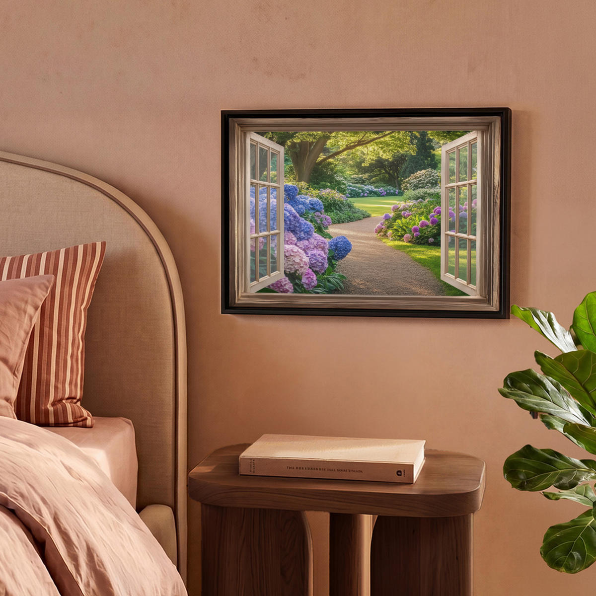 LEINWAND Bilder mit Rahmen - Aussicht - Garten - Fenster - Hortensie - Blumen - 40x30 - Pastellblau, Textil (40/30cm) - MuchoWow