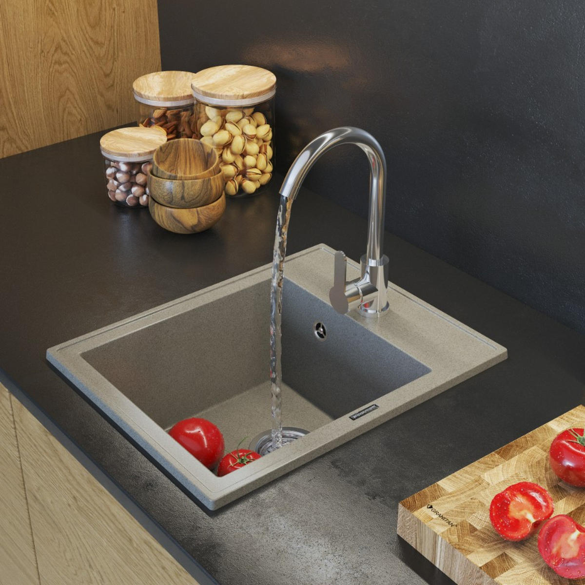 GRANITSPÜLE Nero mit Batterie und Siphon - Braun, Kunststoff/Stein (50/20/40cm) - Granitan