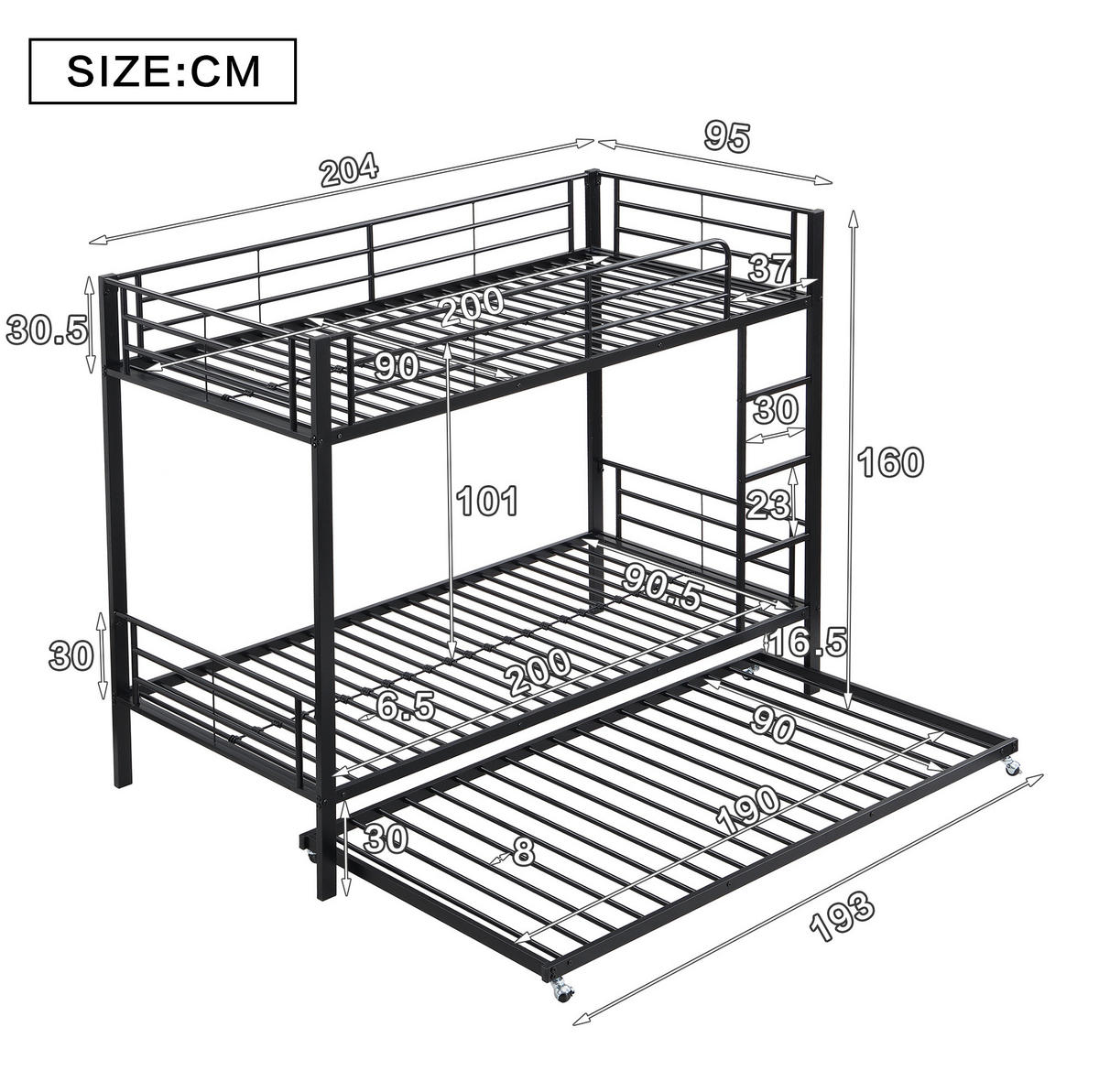 ETAGENBETT 90/200 cm Schwarz aus Metall mit Ausziehbett - Schwarz, Metall (90/190cm) - OKMYHOME