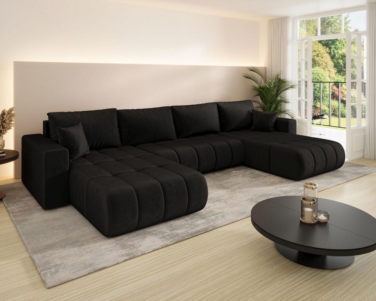 ECKSOFA LARA PREMIUM U-Form schwarz Velours Monolith 97 - Schlaffunktion, Bettkasten - Schwarz, Textil (385/175cm) - Cornero